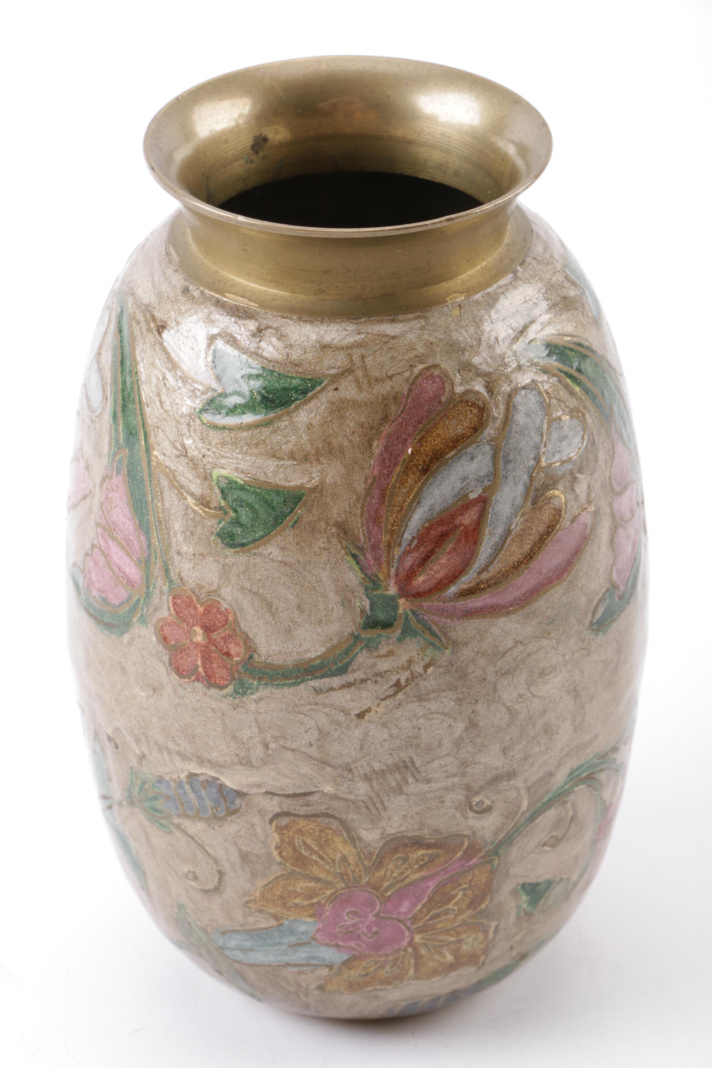 Italian Ceramic Pitcher and Brass Enameled Vase