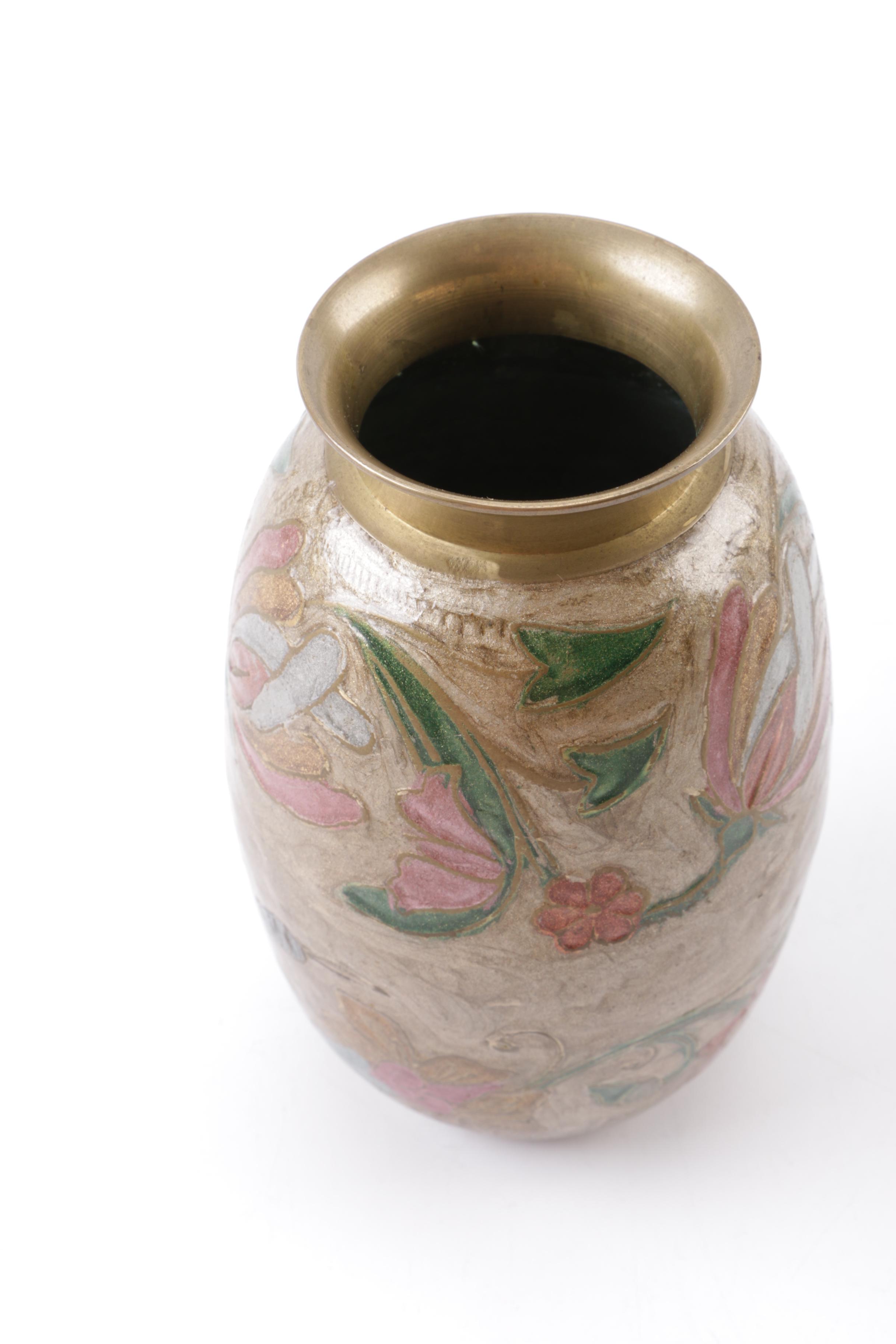 Italian Ceramic Pitcher and Brass Enameled Vase