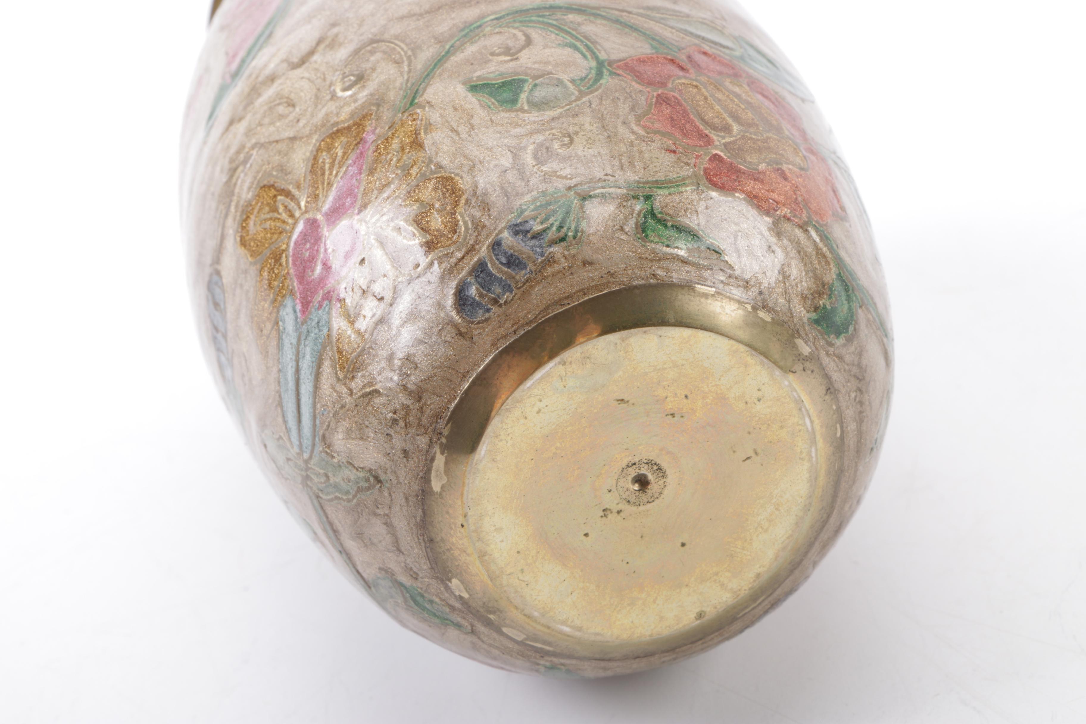 Italian Ceramic Pitcher and Brass Enameled Vase