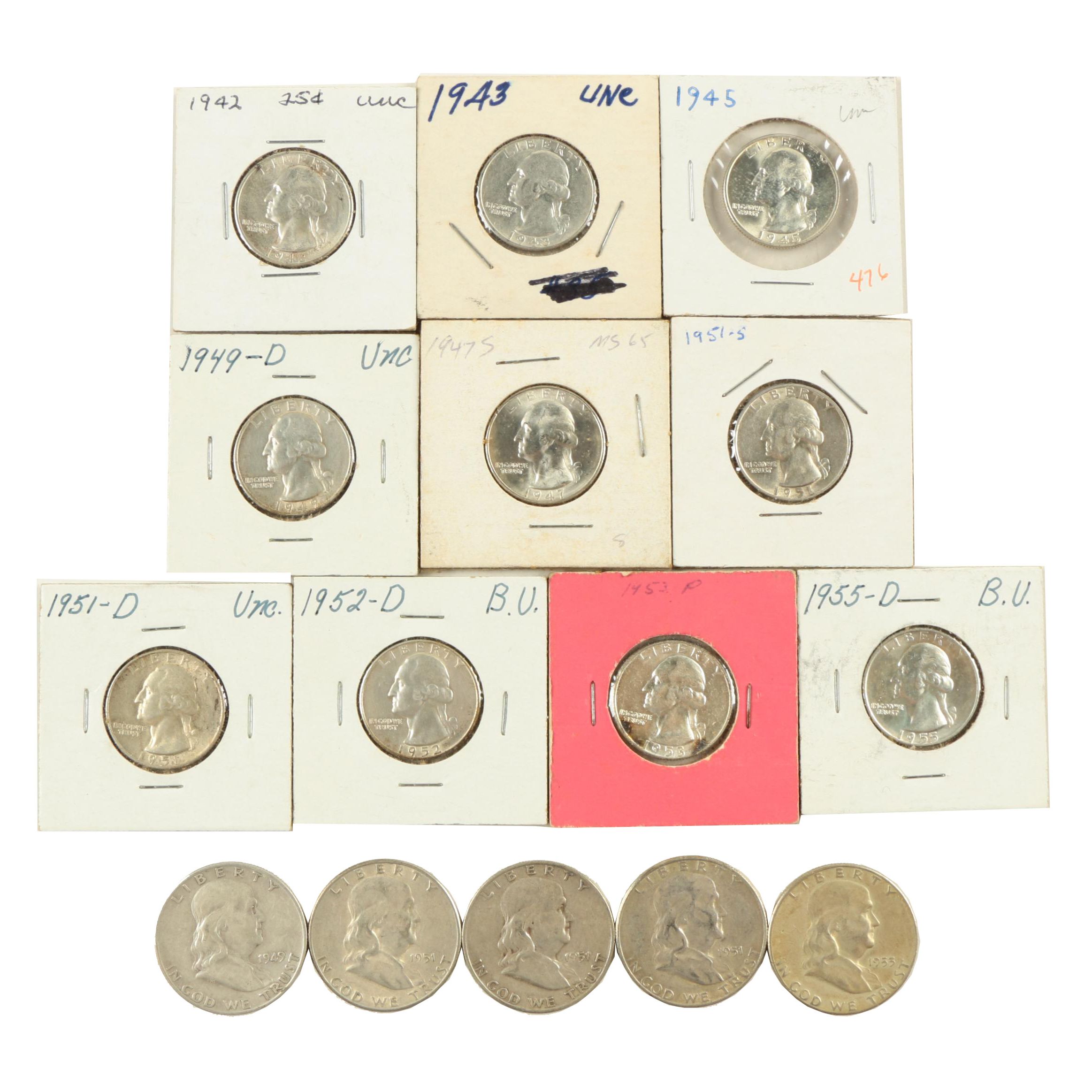 Collection of Silver Franklin Half Dollars and Silver Washington Quarters