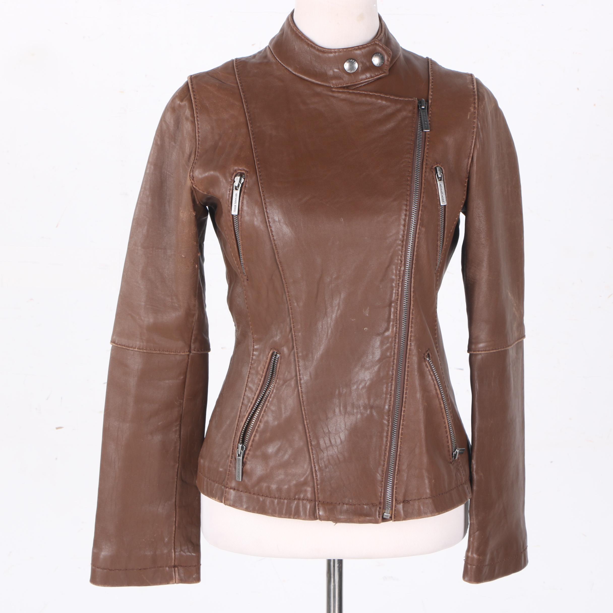 Michael Michael Kors Brown Leather Motorcycle Jacket