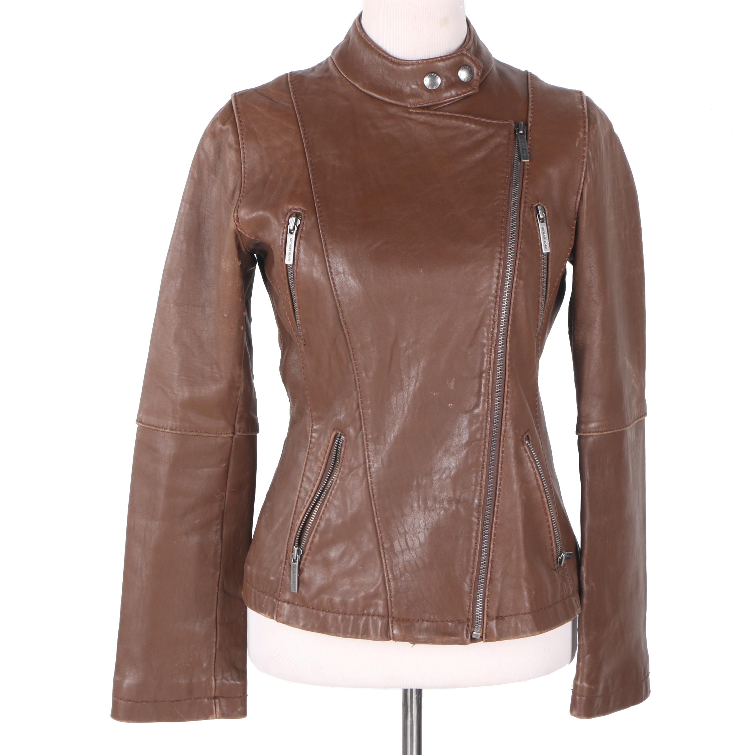 Michael Michael Kors Brown Leather Motorcycle Jacket