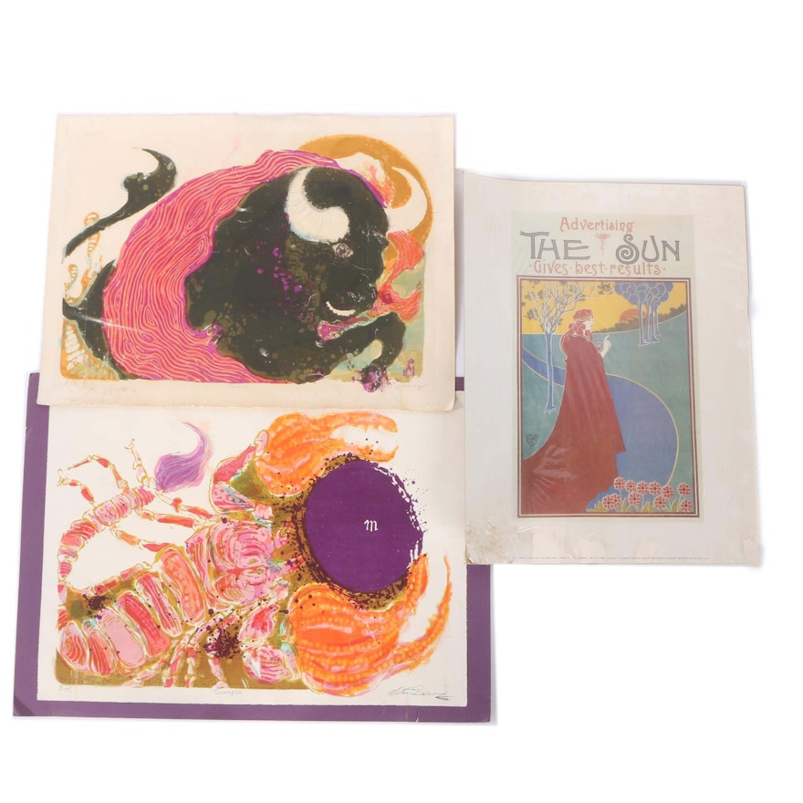 Three Prints Including Albert Garvey Limited Edition Zodiac Serigraphs on Paper