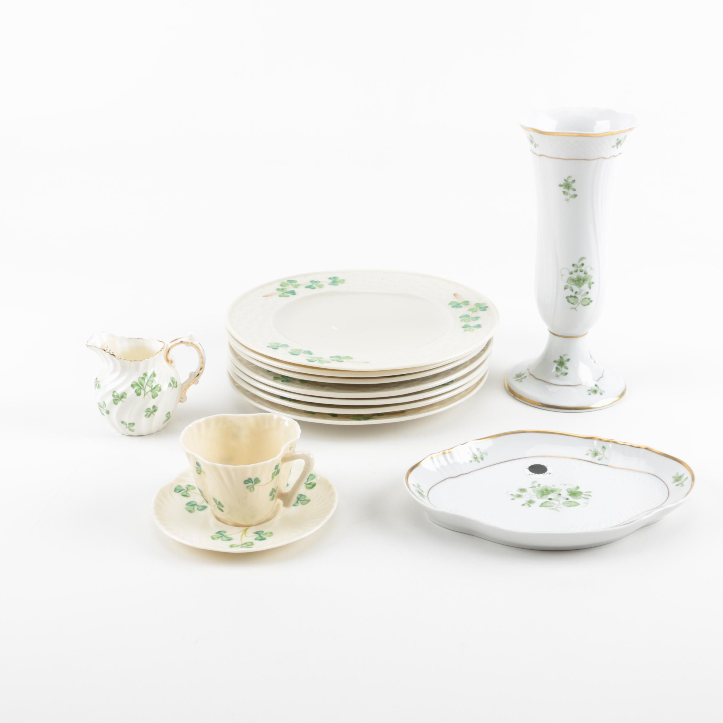 Belleek "Shamrock" and Hollóháza Clover Decorated Tableware with Aynsley