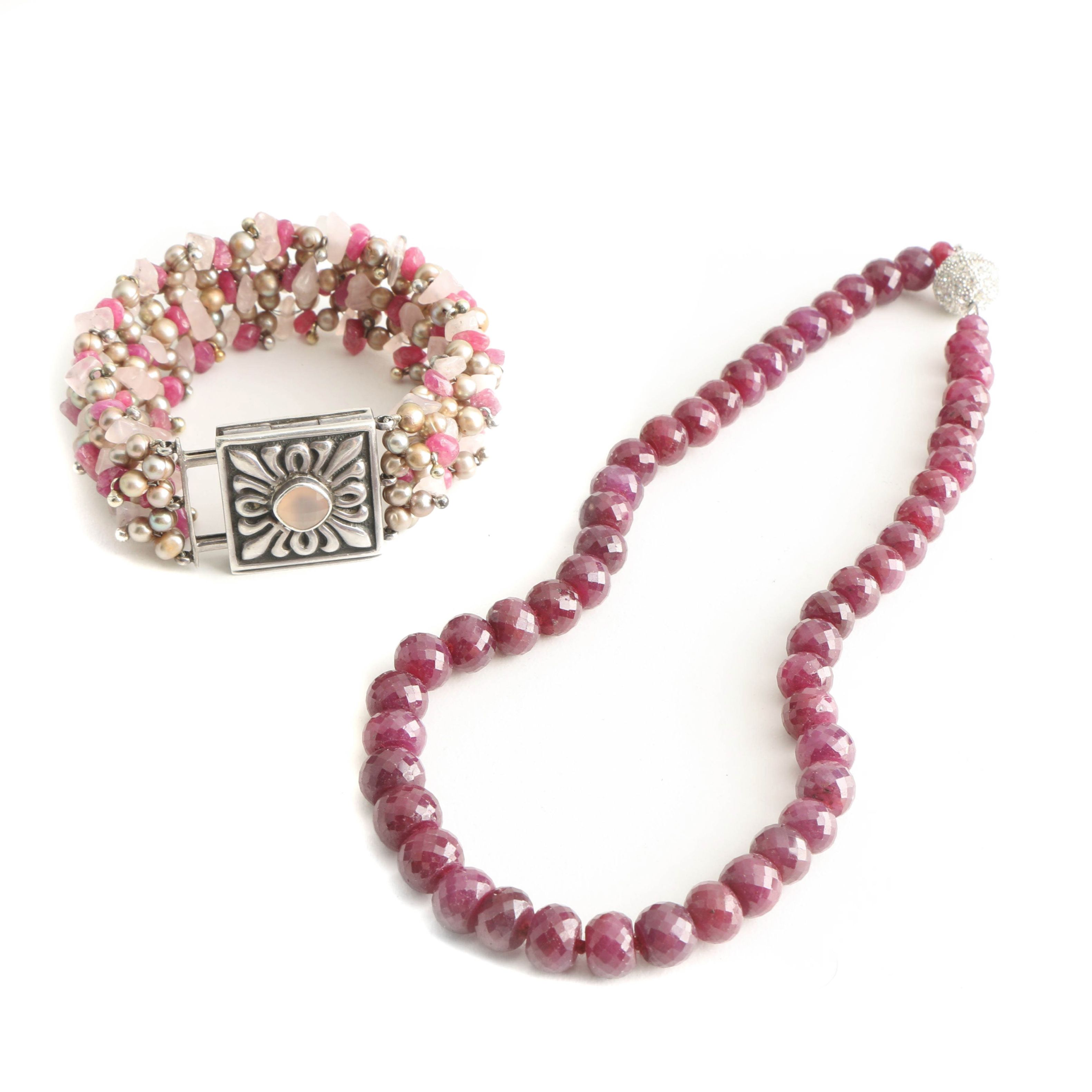 Gemstone Beaded Necklace and Sterling Silver Bracelet