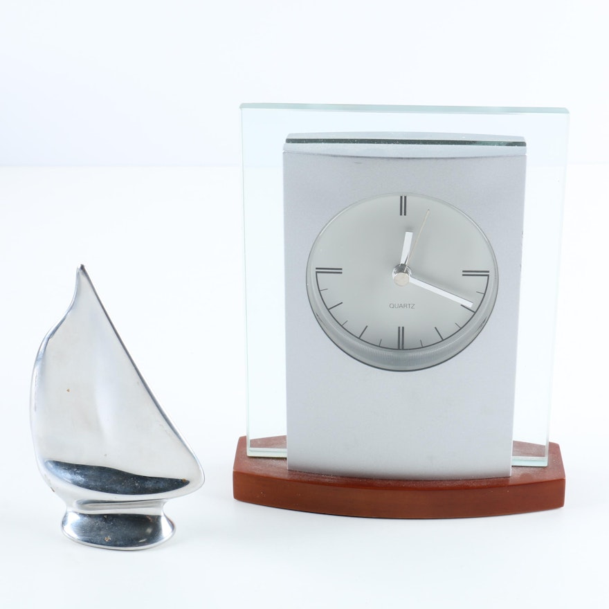 Hoselton Silver Plate Sail Boat Sculpture and Bulova Desk Clock