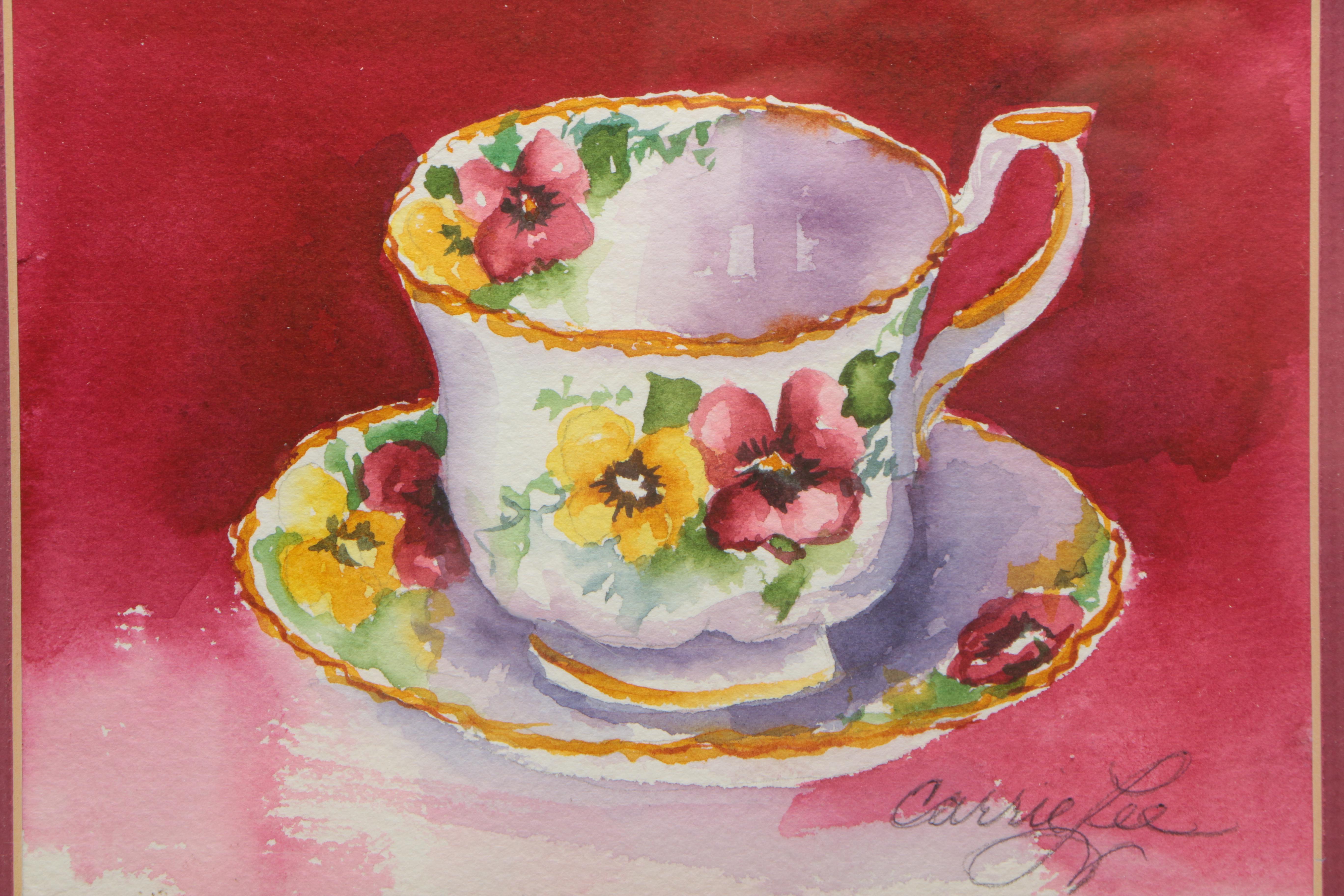 Carrie Lee Allbritton Watercolor Painting "Grandmother's Tea Cup Collection"