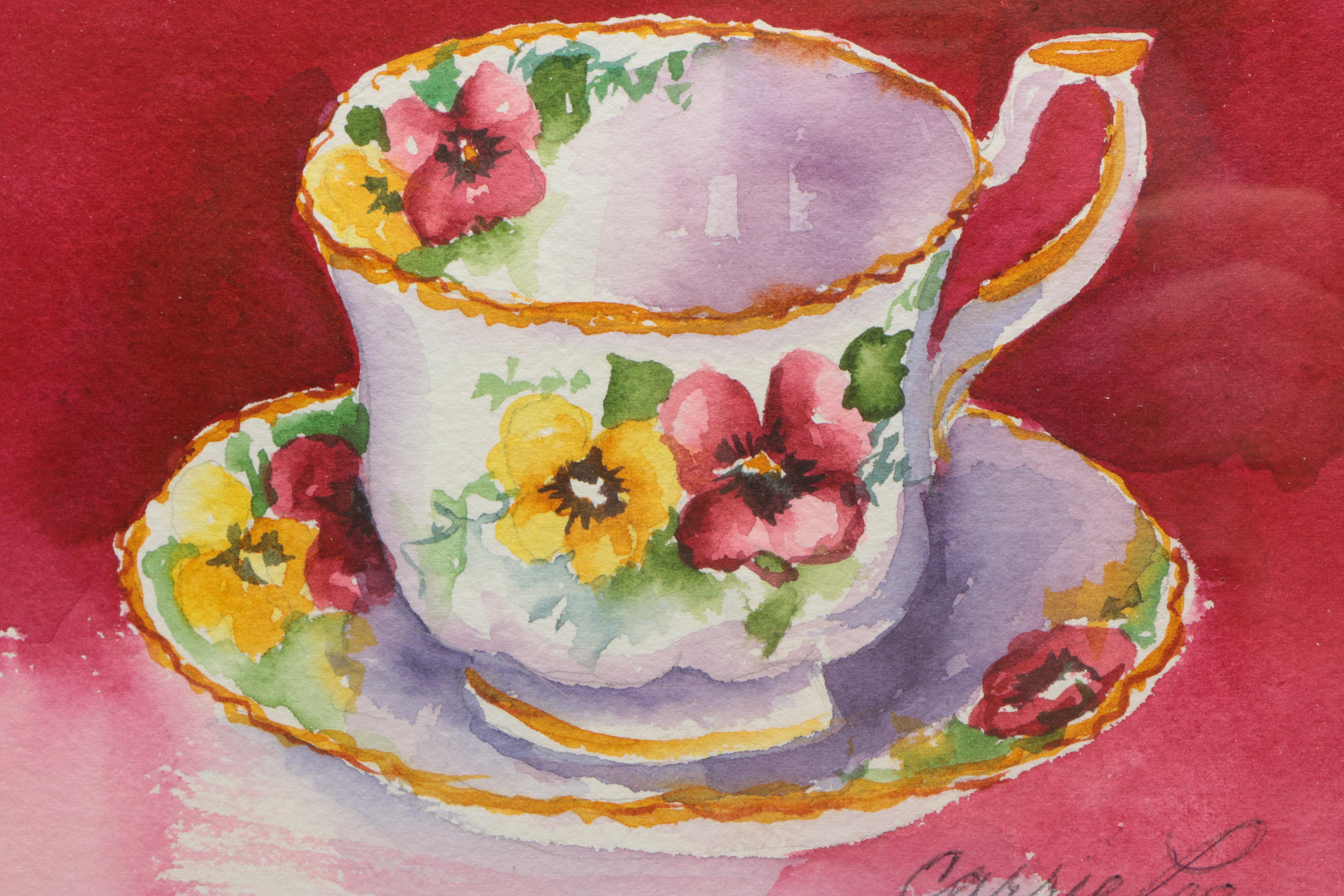 Carrie Lee Allbritton Watercolor Painting "Grandmother's Tea Cup Collection"