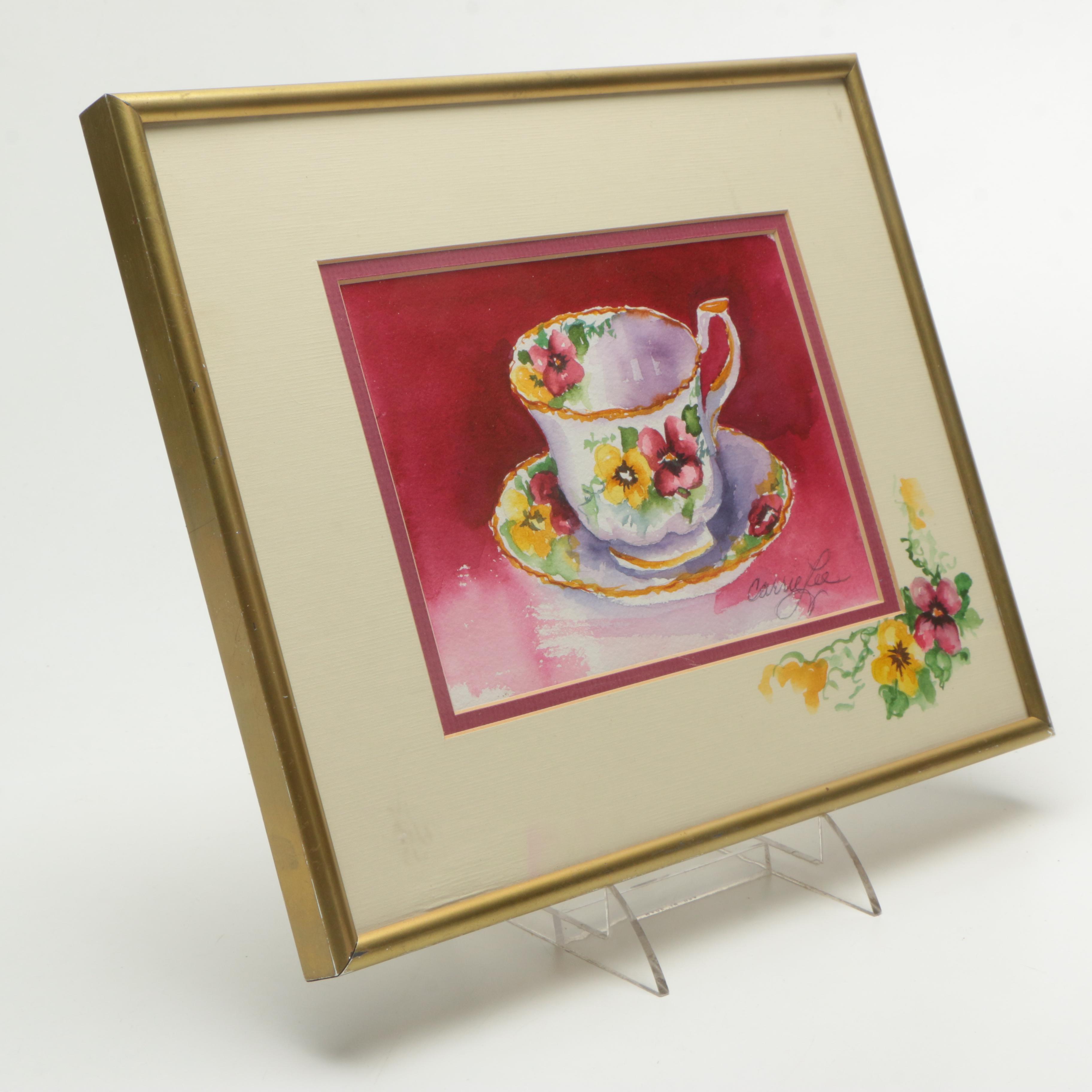 Carrie Lee Allbritton Watercolor Painting "Grandmother's Tea Cup Collection"