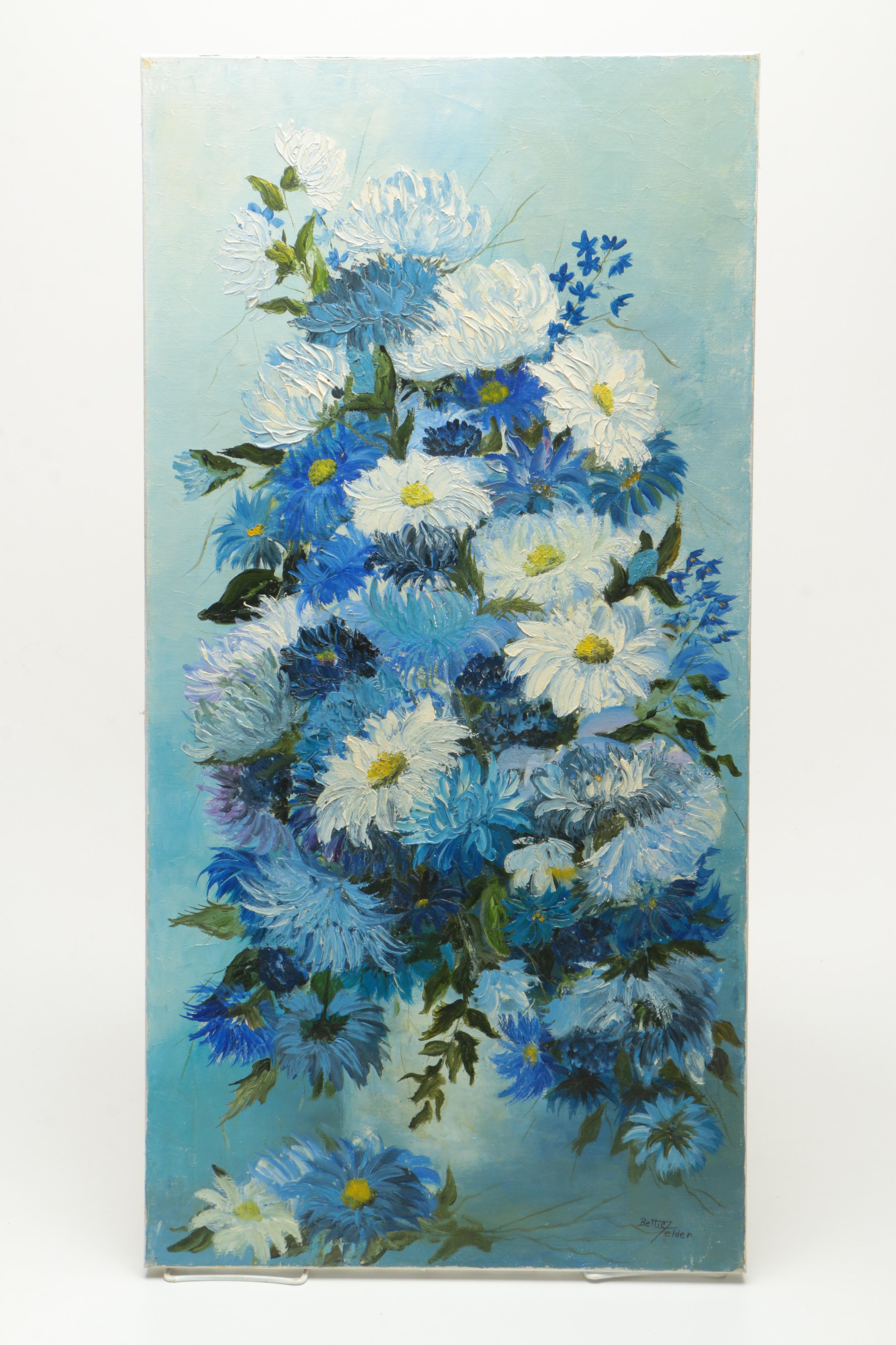 Bettie Felder Oil Painting on Canvas of Blue and White Flowers