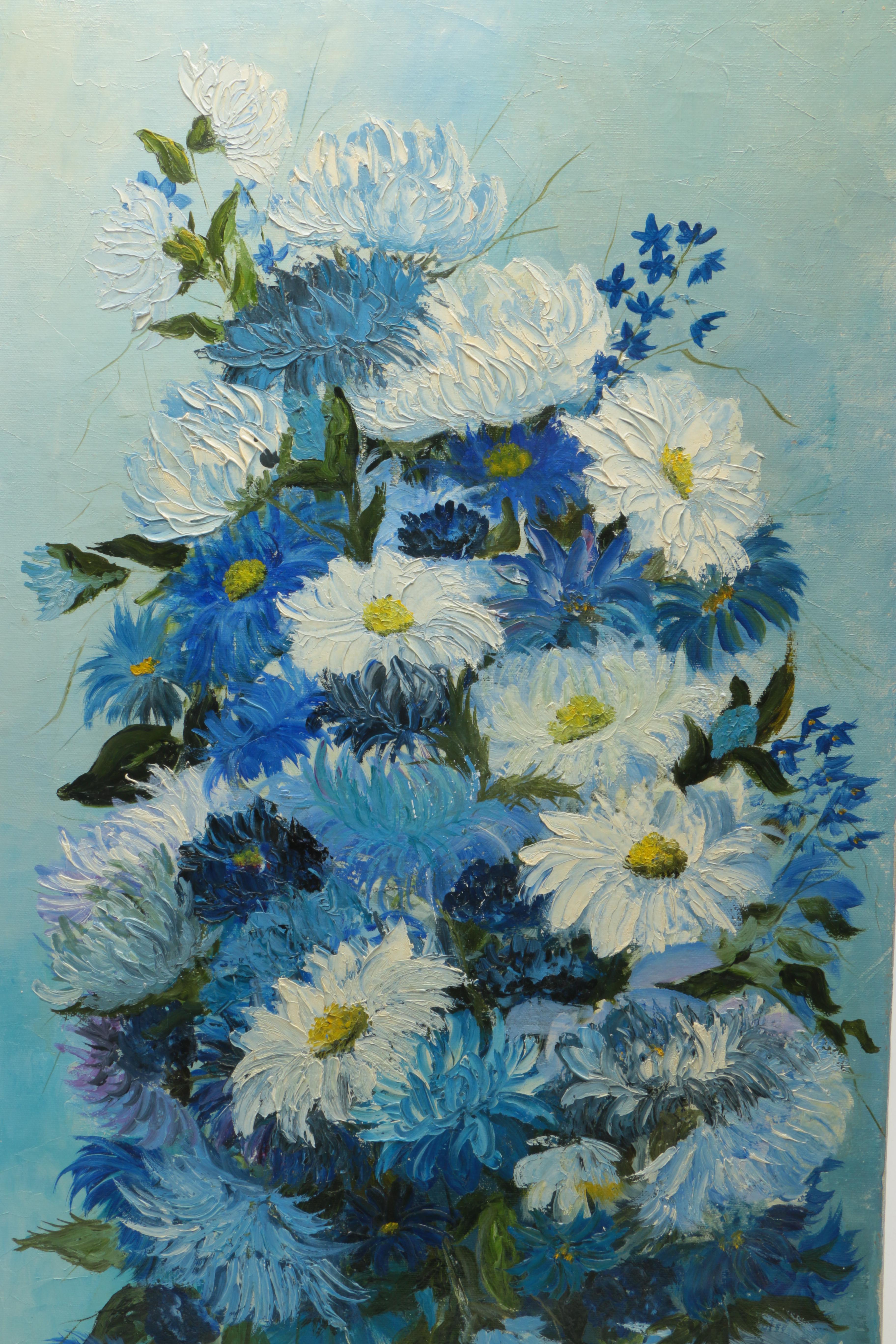 Bettie Felder Oil Painting on Canvas of Blue and White Flowers