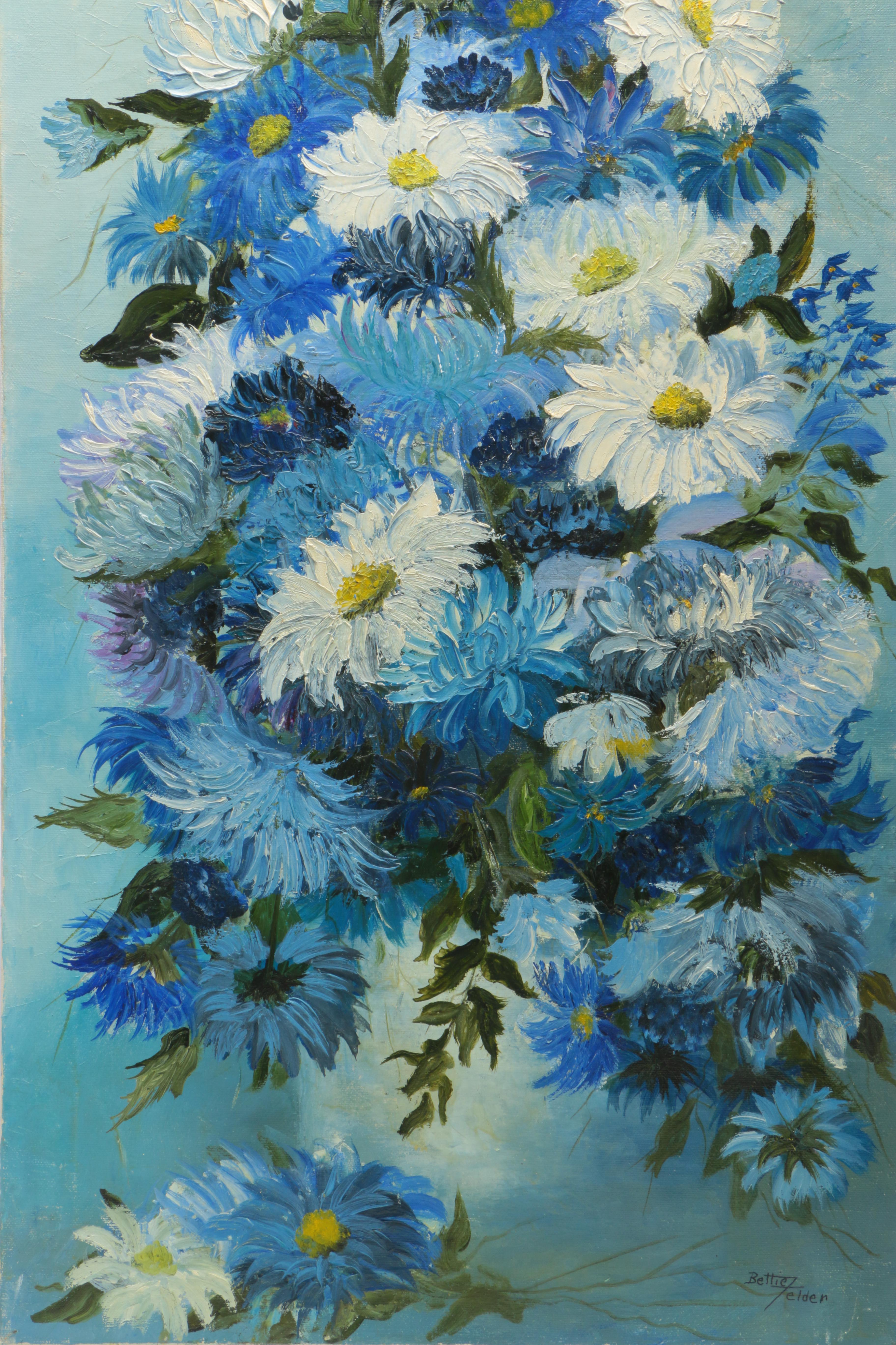 Bettie Felder Oil Painting on Canvas of Blue and White Flowers