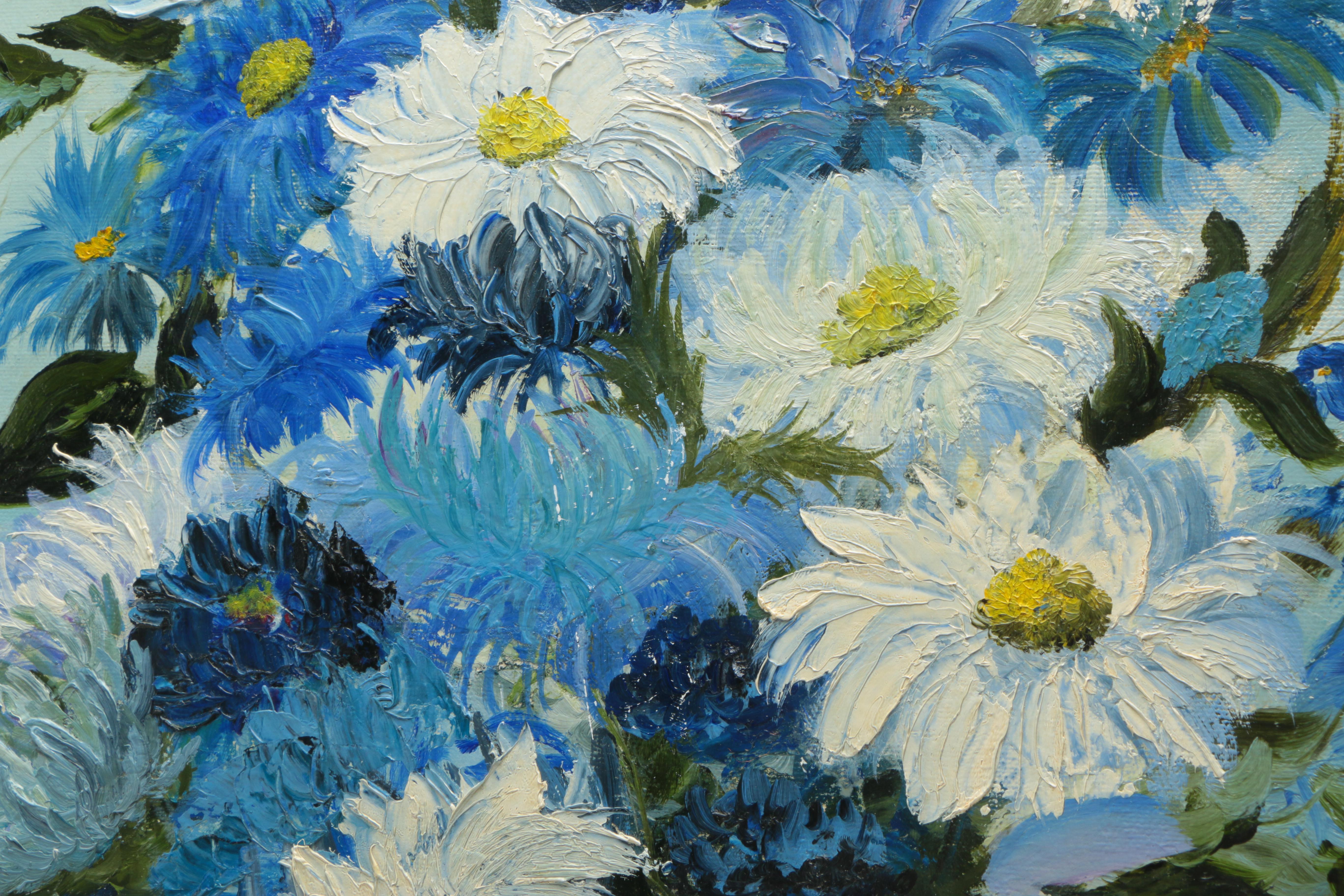 Bettie Felder Oil Painting on Canvas of Blue and White Flowers
