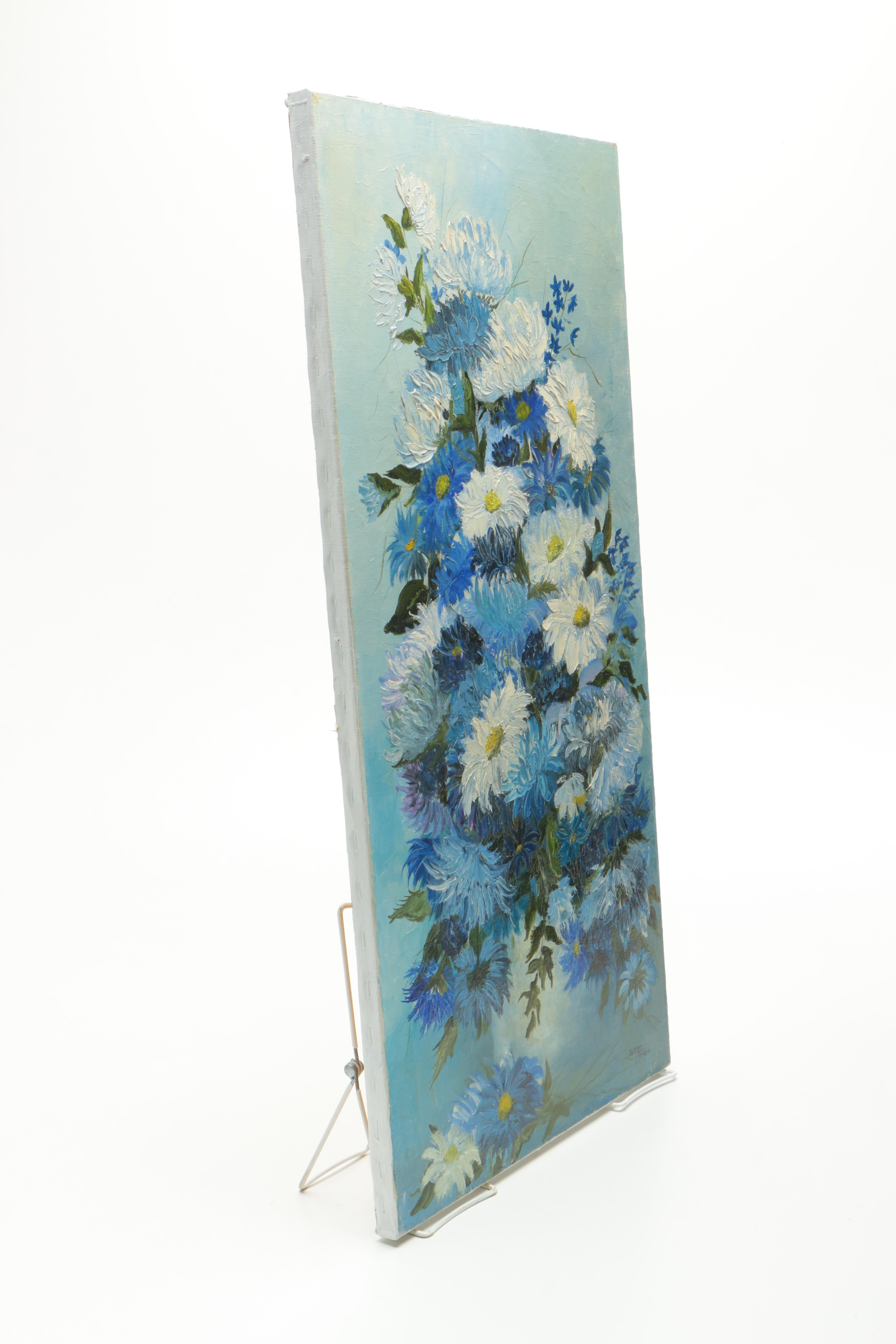 Bettie Felder Oil Painting on Canvas of Blue and White Flowers