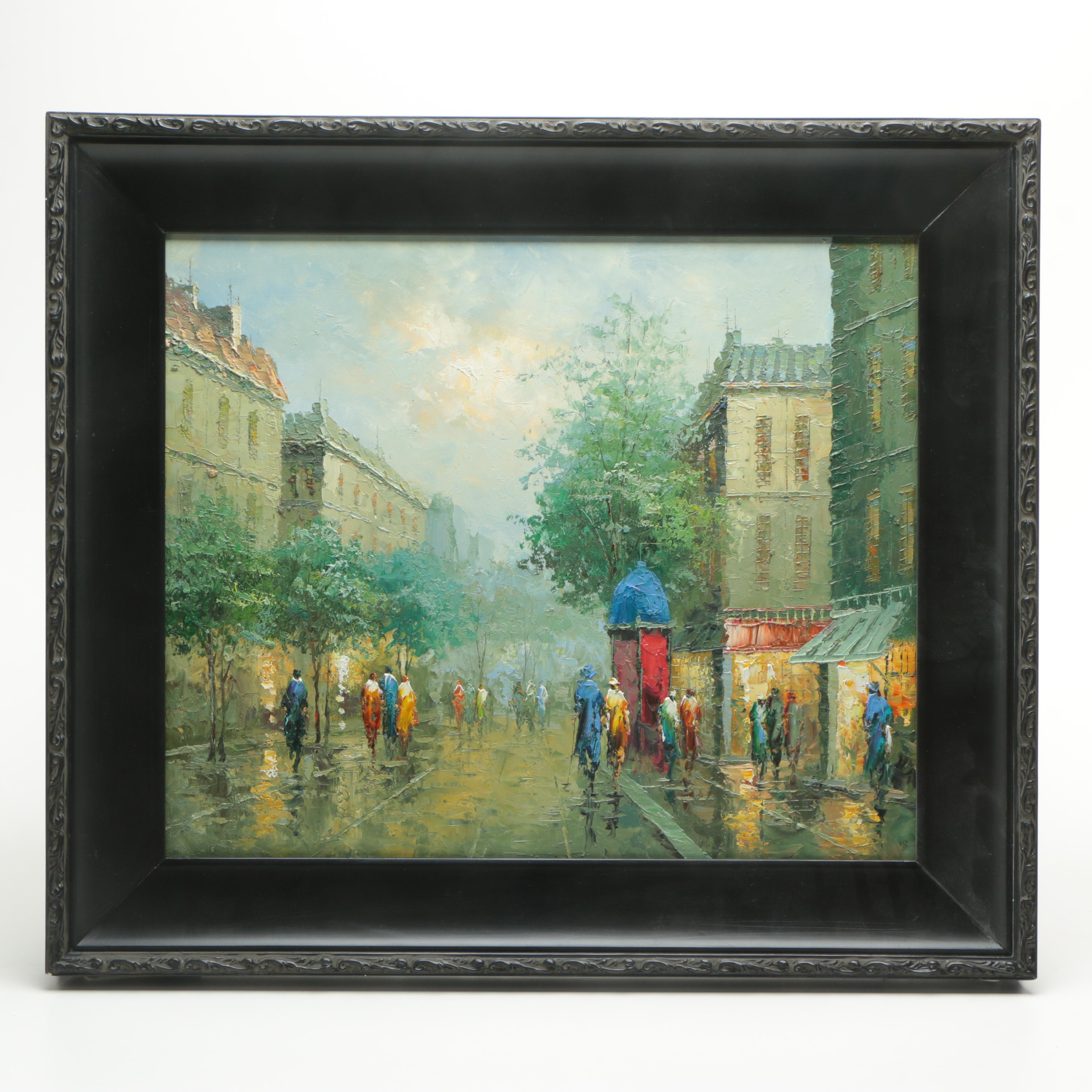 Oil Painting of a European Street at Dusk
