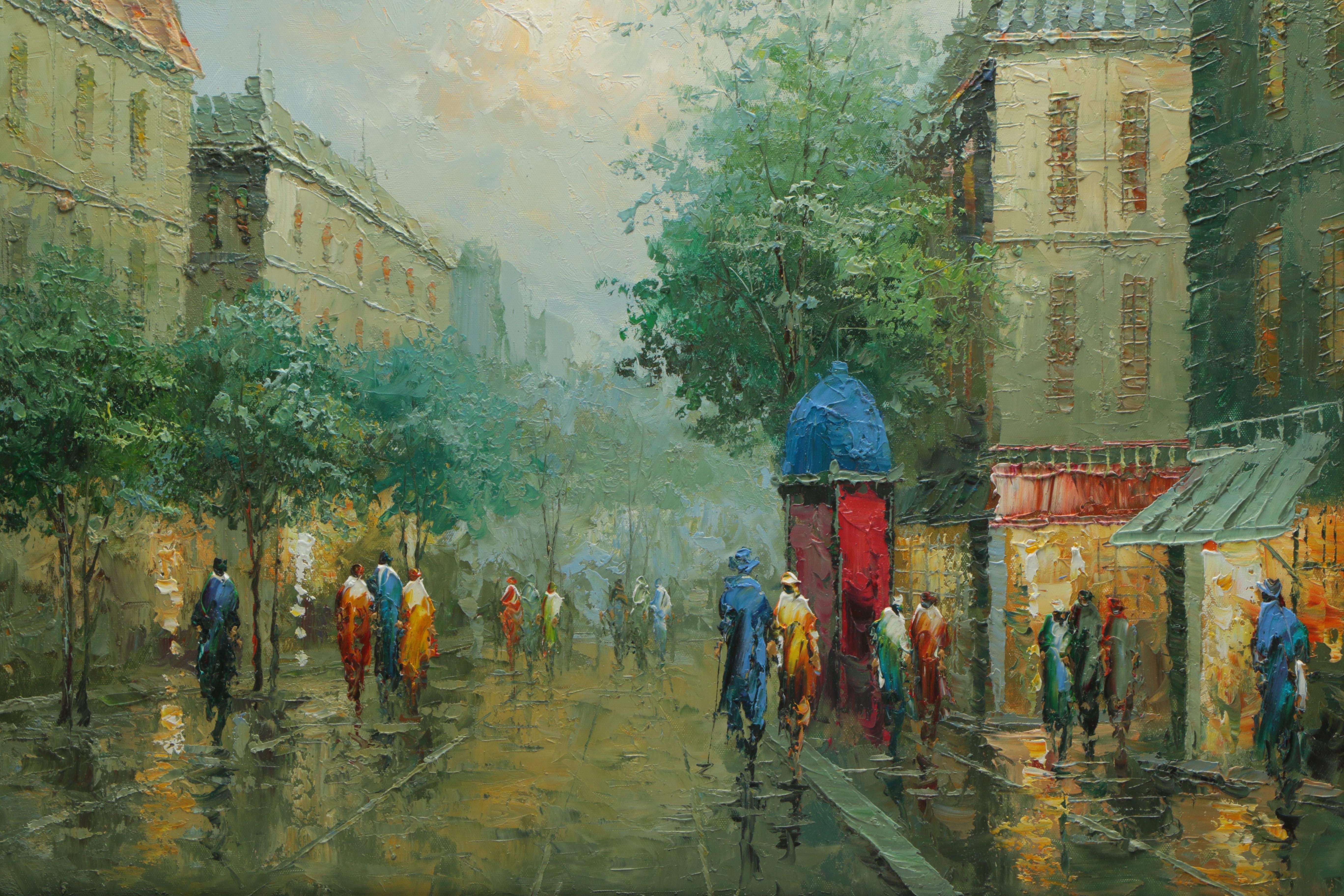 Oil Painting of a European Street at Dusk