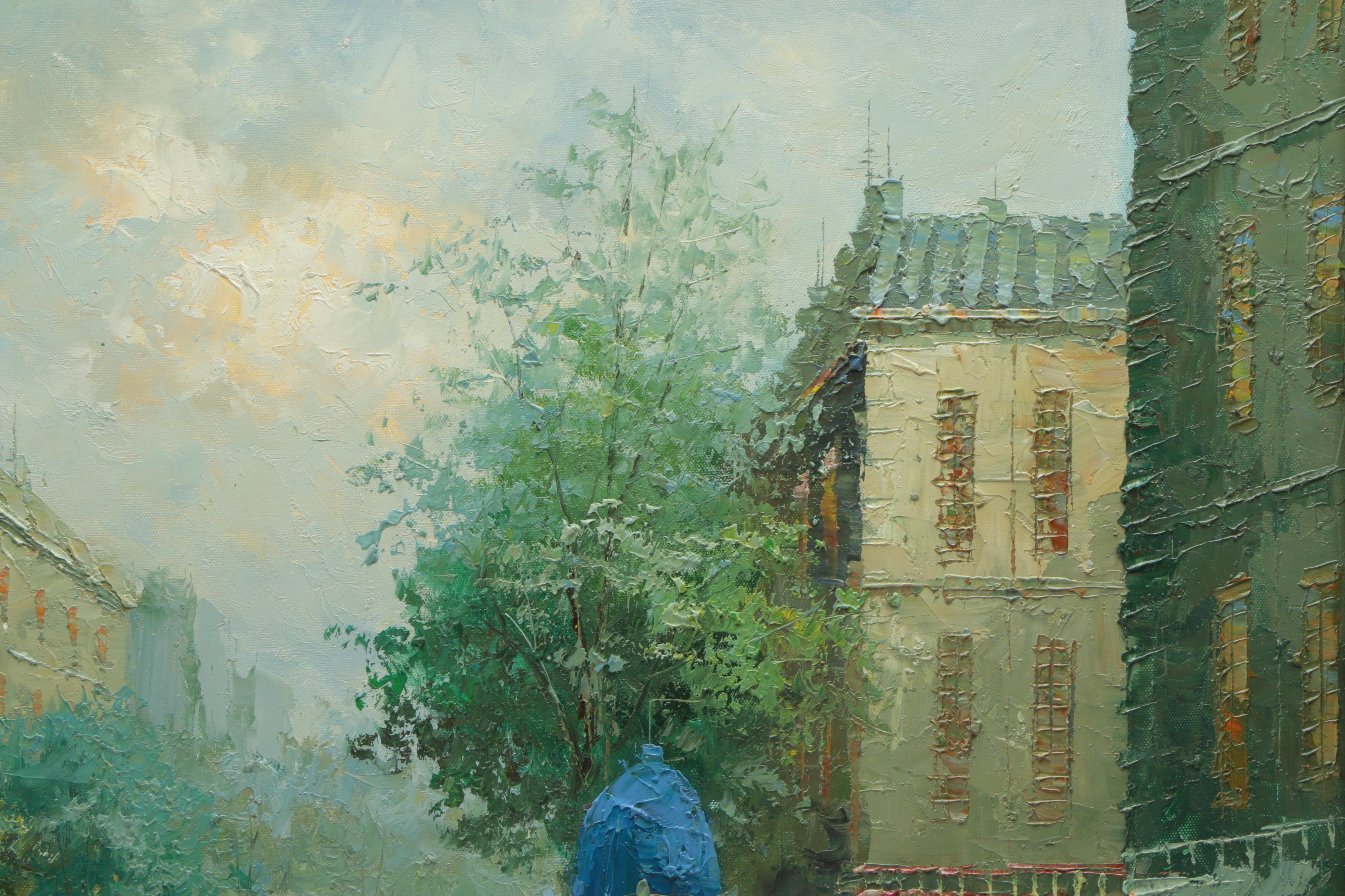 Oil Painting of a European Street at Dusk