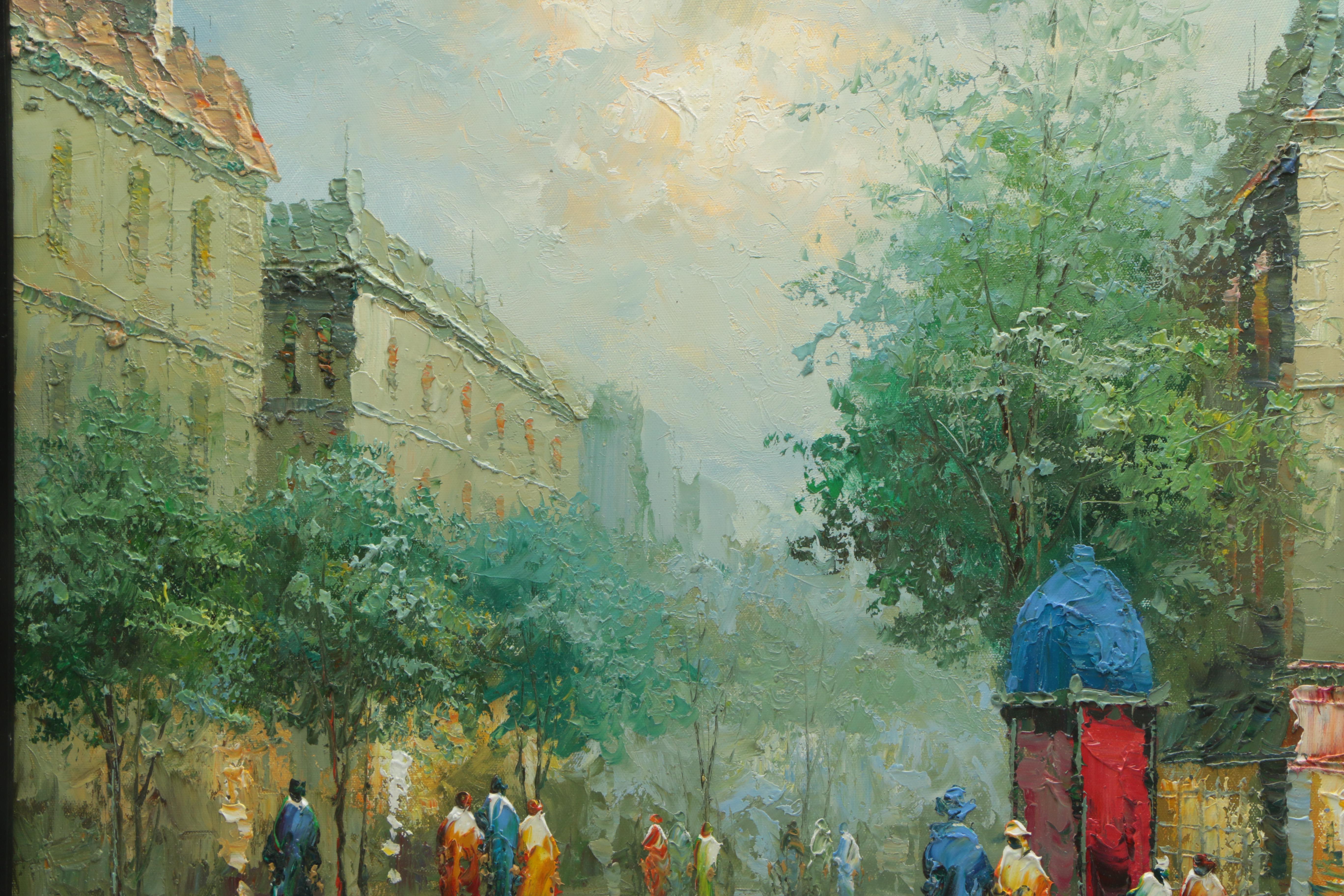 Oil Painting of a European Street at Dusk