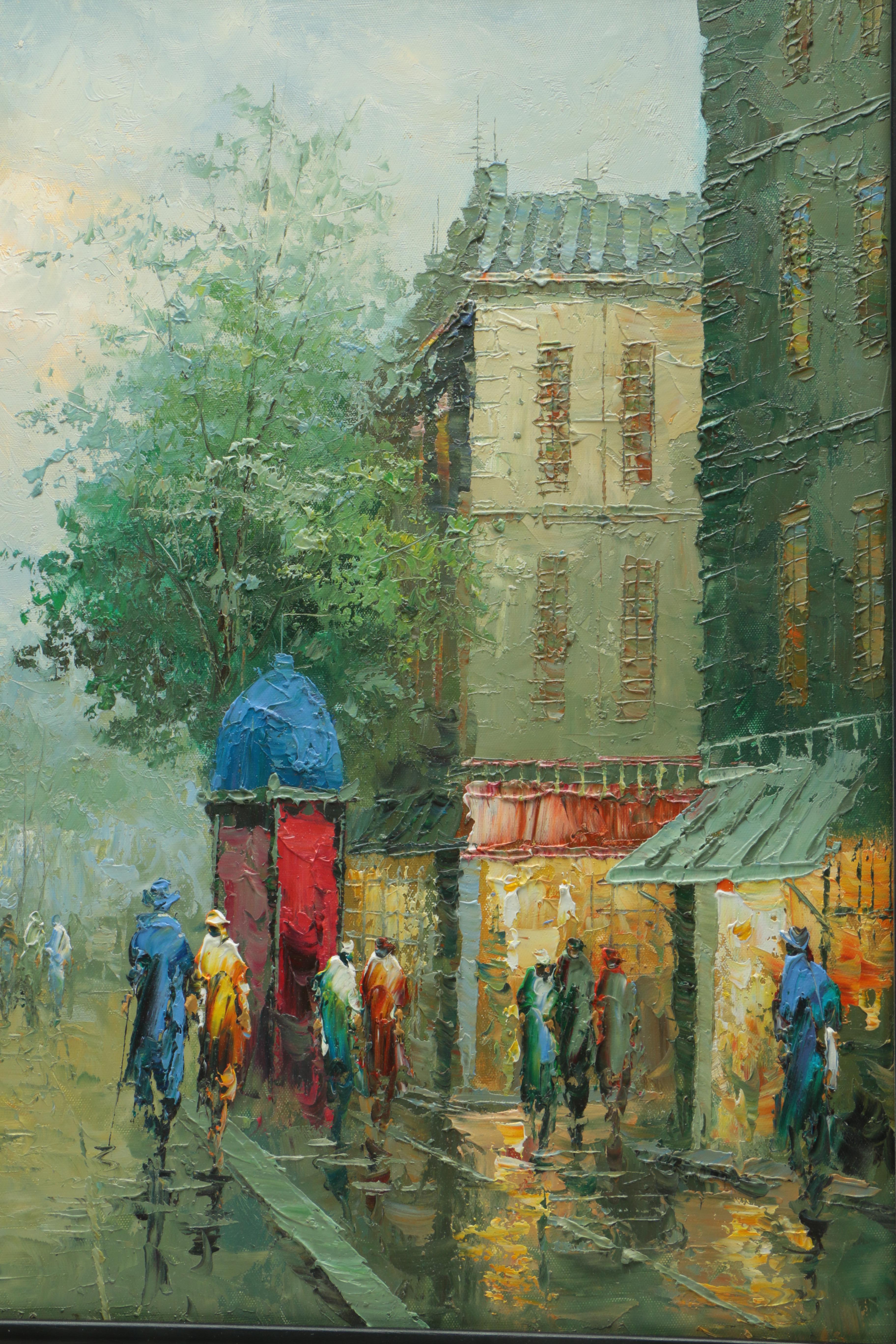 Oil Painting of a European Street at Dusk