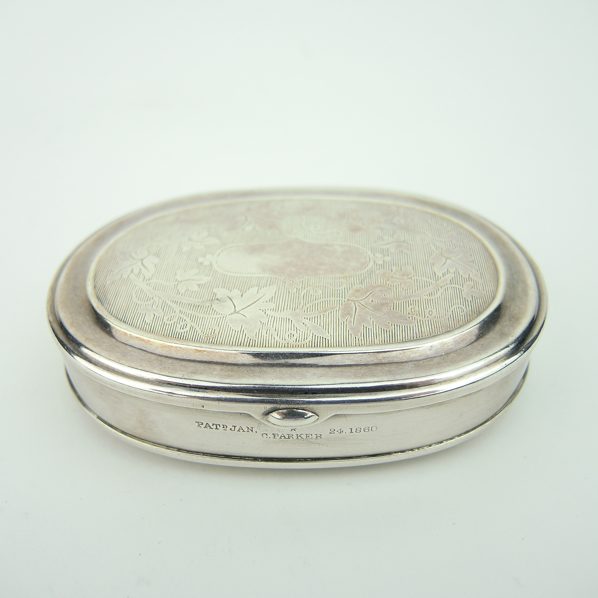 Antique C. Parker Silver Plate Civil War Era Snuff Box