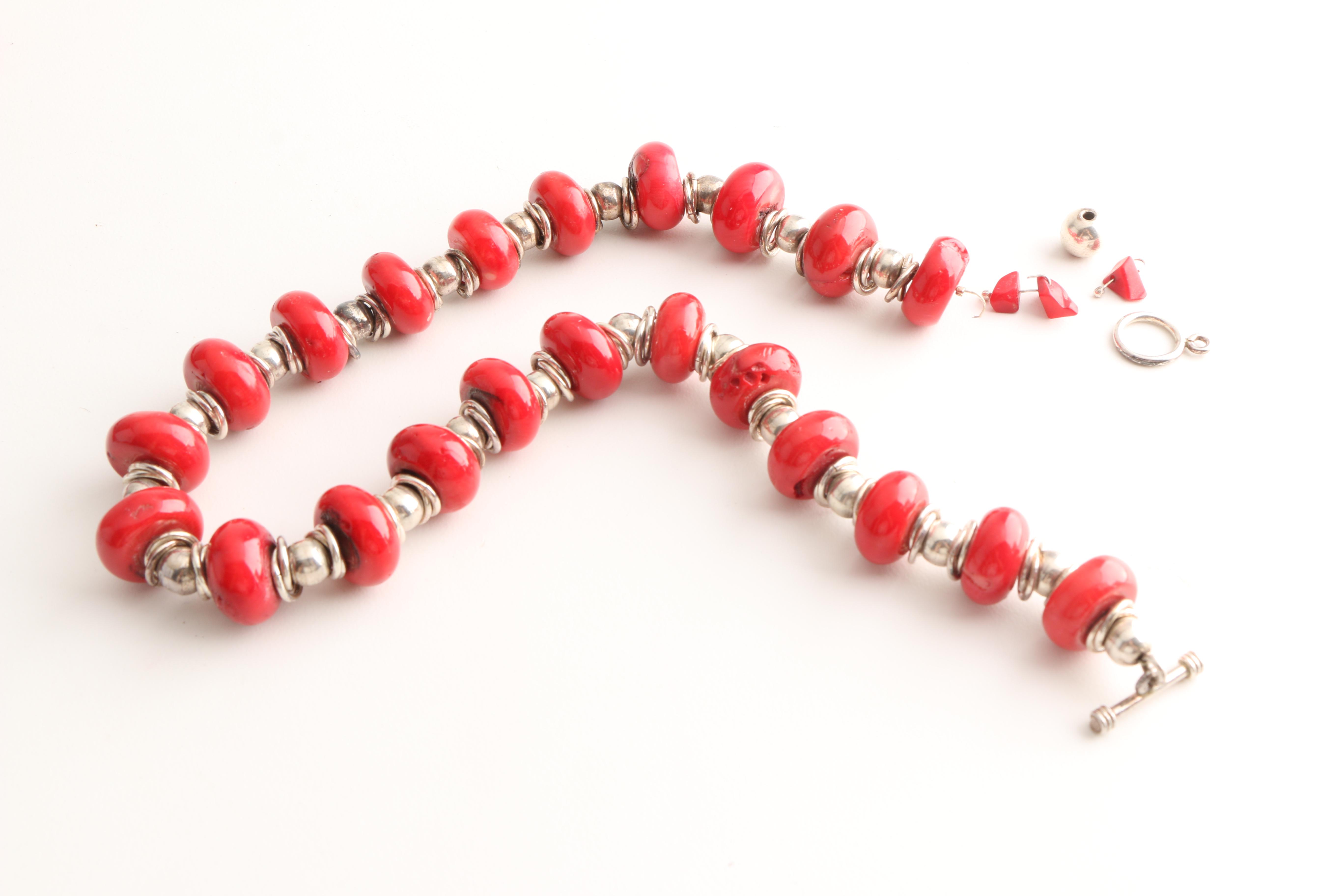 Assortment of Sterling Silver and Dyed Coral Jewelry