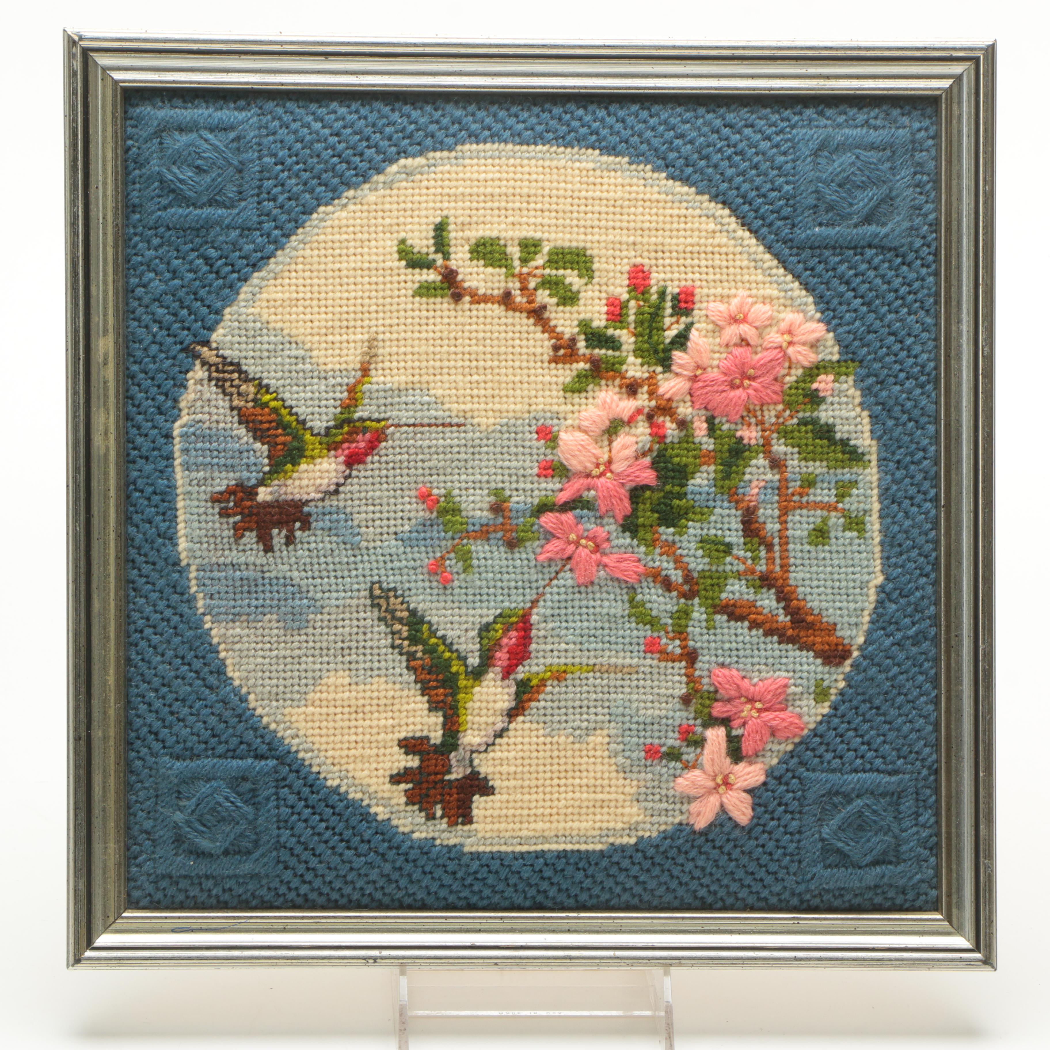 Ruth Marsh Framed Needlepoint Textile of Hummingbirds and Pink Flowers