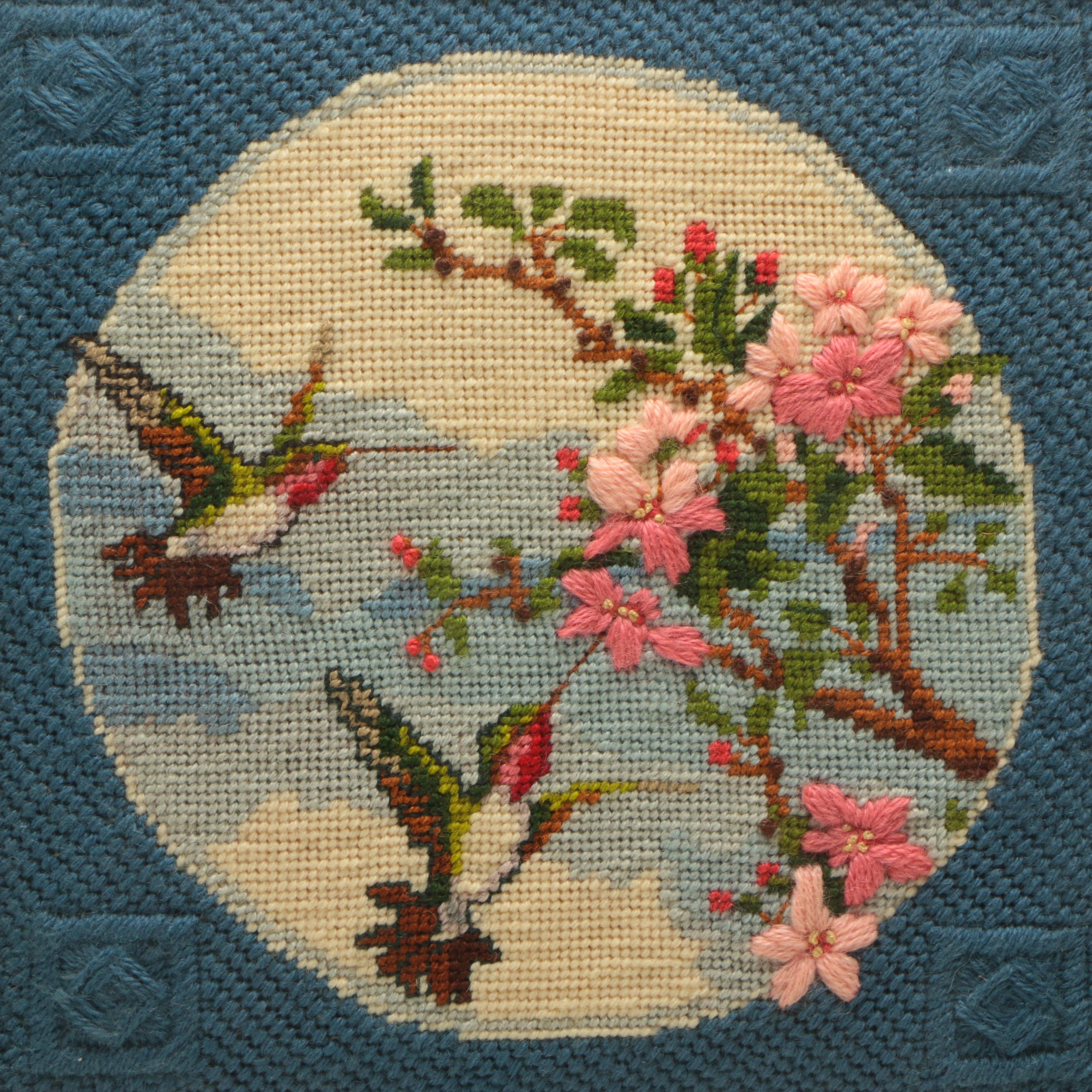 Ruth Marsh Framed Needlepoint Textile of Hummingbirds and Pink Flowers