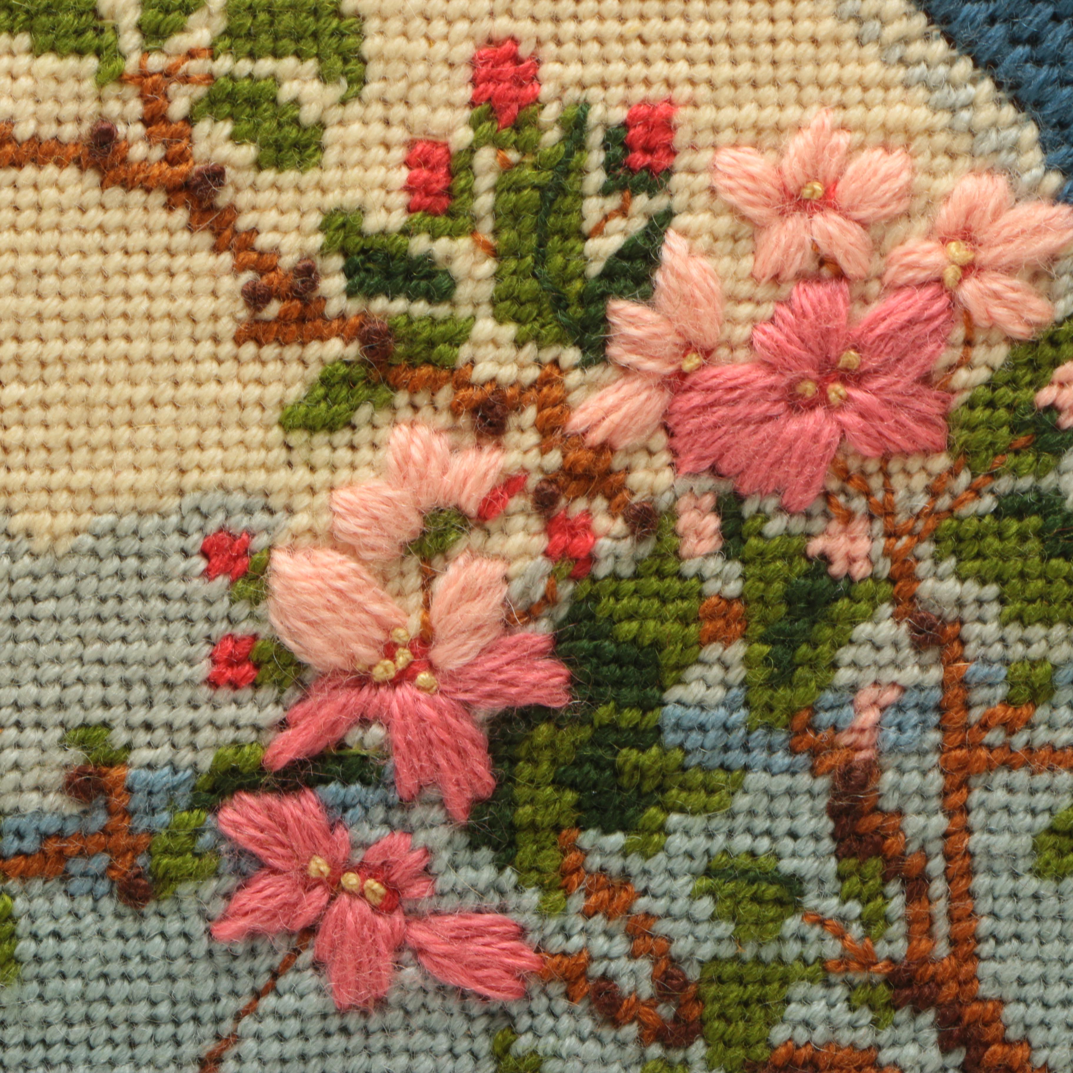 Ruth Marsh Framed Needlepoint Textile of Hummingbirds and Pink Flowers