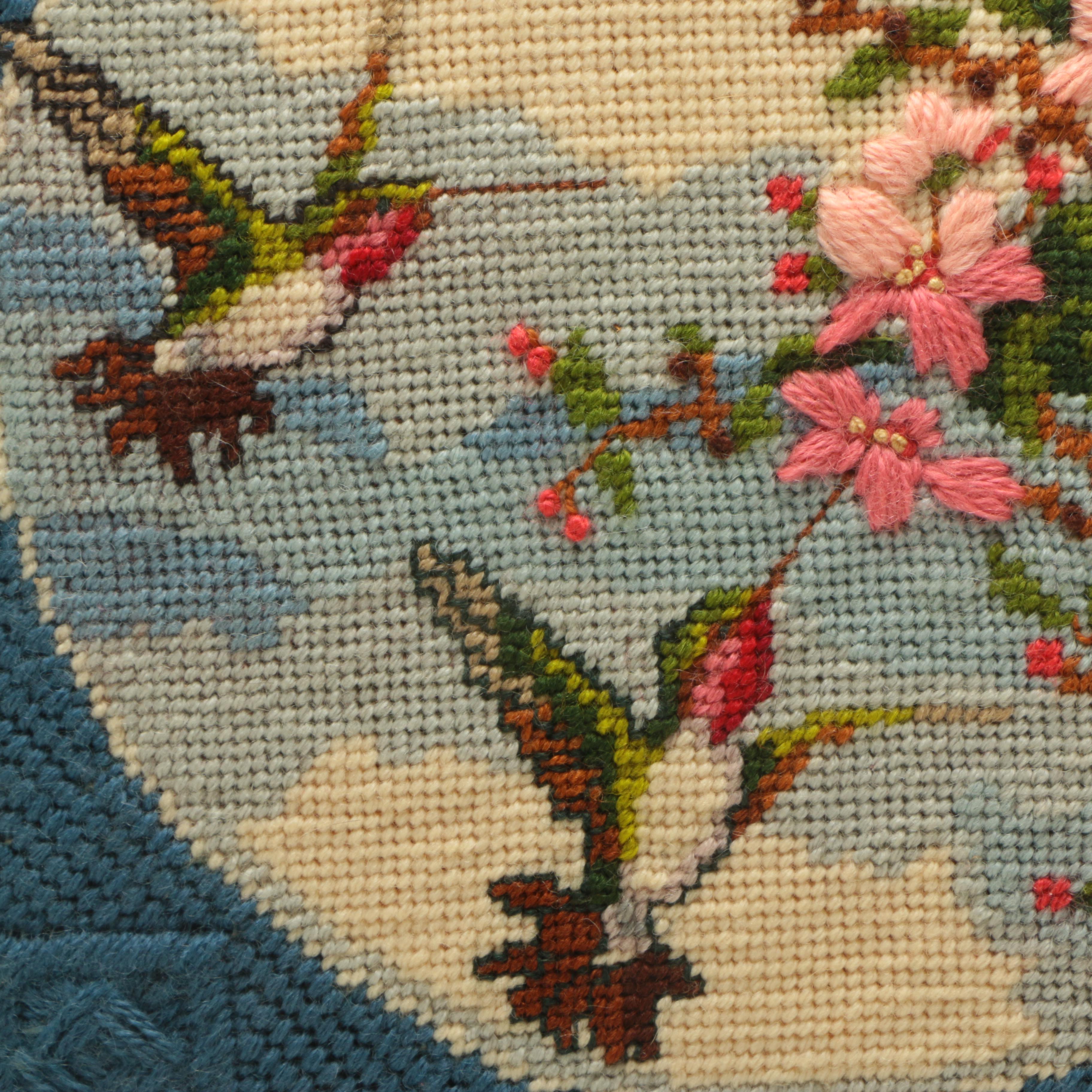 Ruth Marsh Framed Needlepoint Textile of Hummingbirds and Pink Flowers
