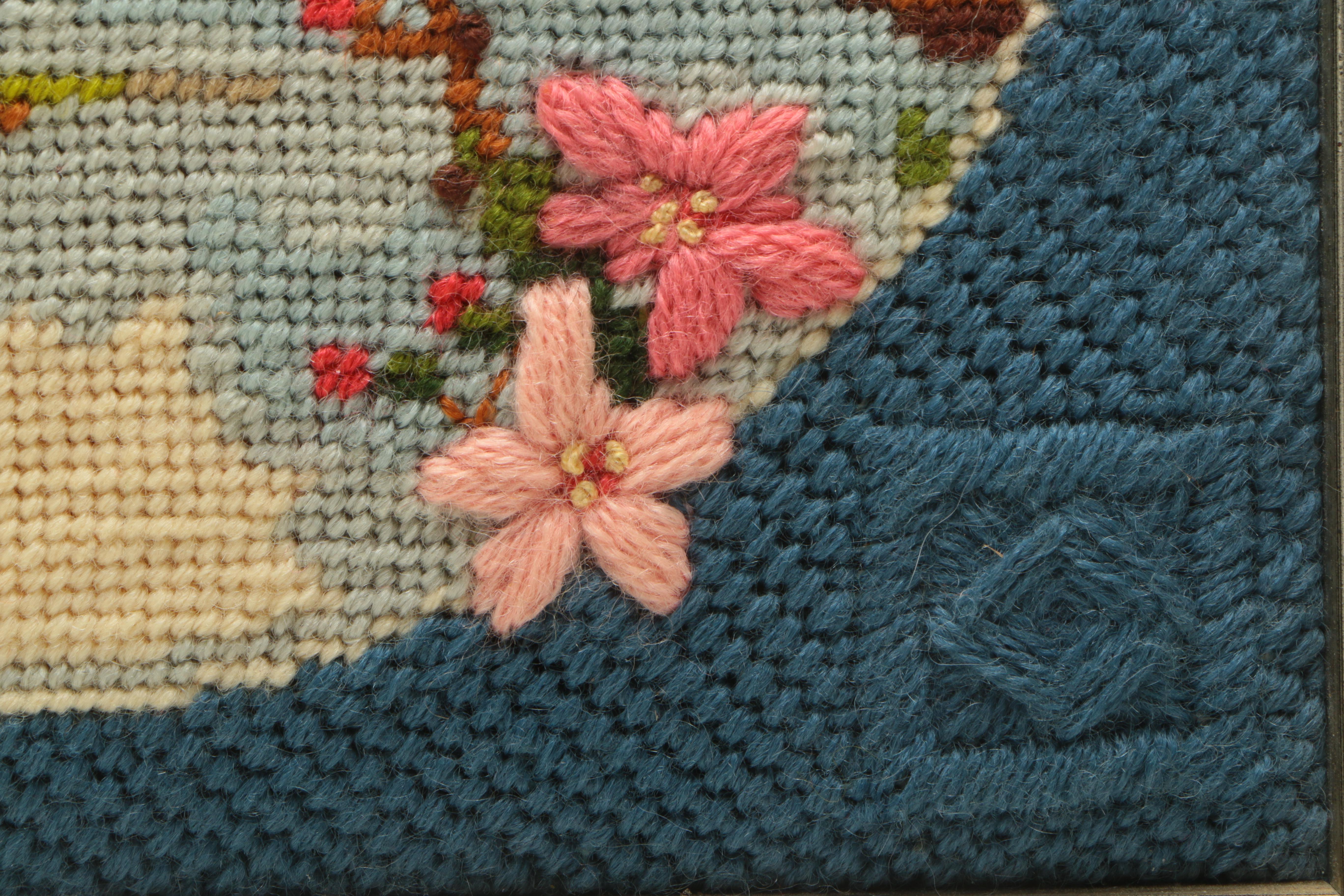 Ruth Marsh Framed Needlepoint Textile of Hummingbirds and Pink Flowers