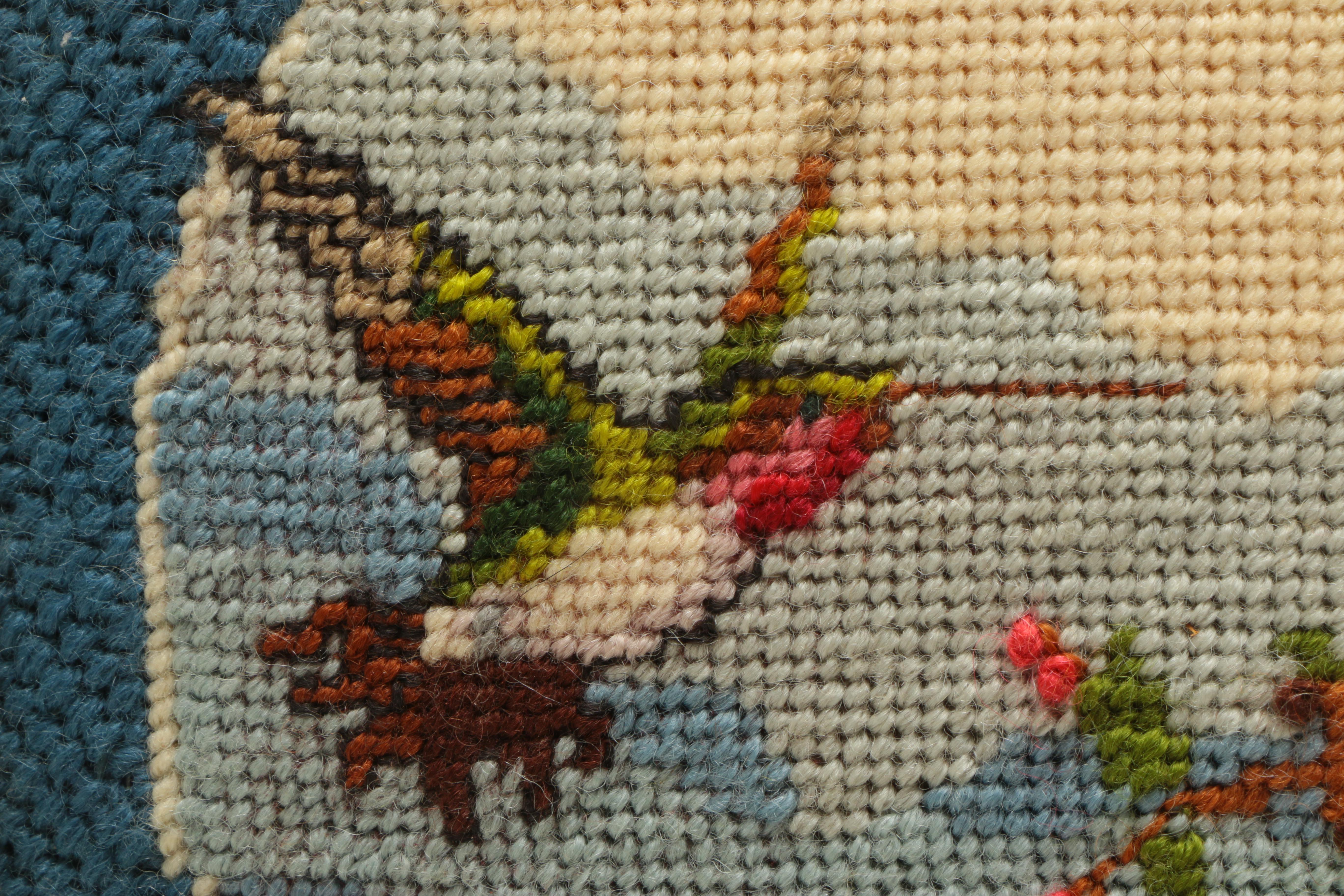 Ruth Marsh Framed Needlepoint Textile of Hummingbirds and Pink Flowers