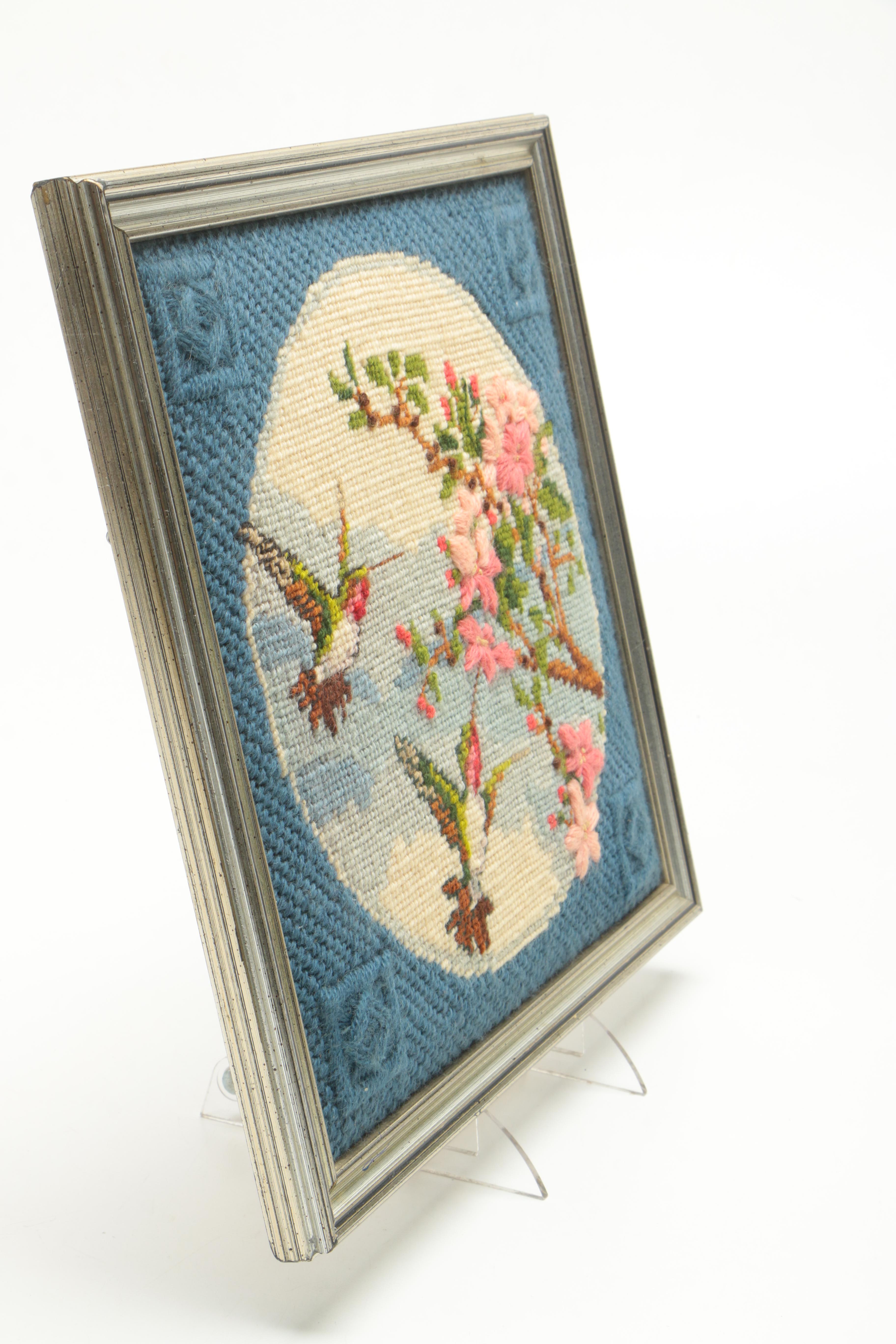 Ruth Marsh Framed Needlepoint Textile of Hummingbirds and Pink Flowers