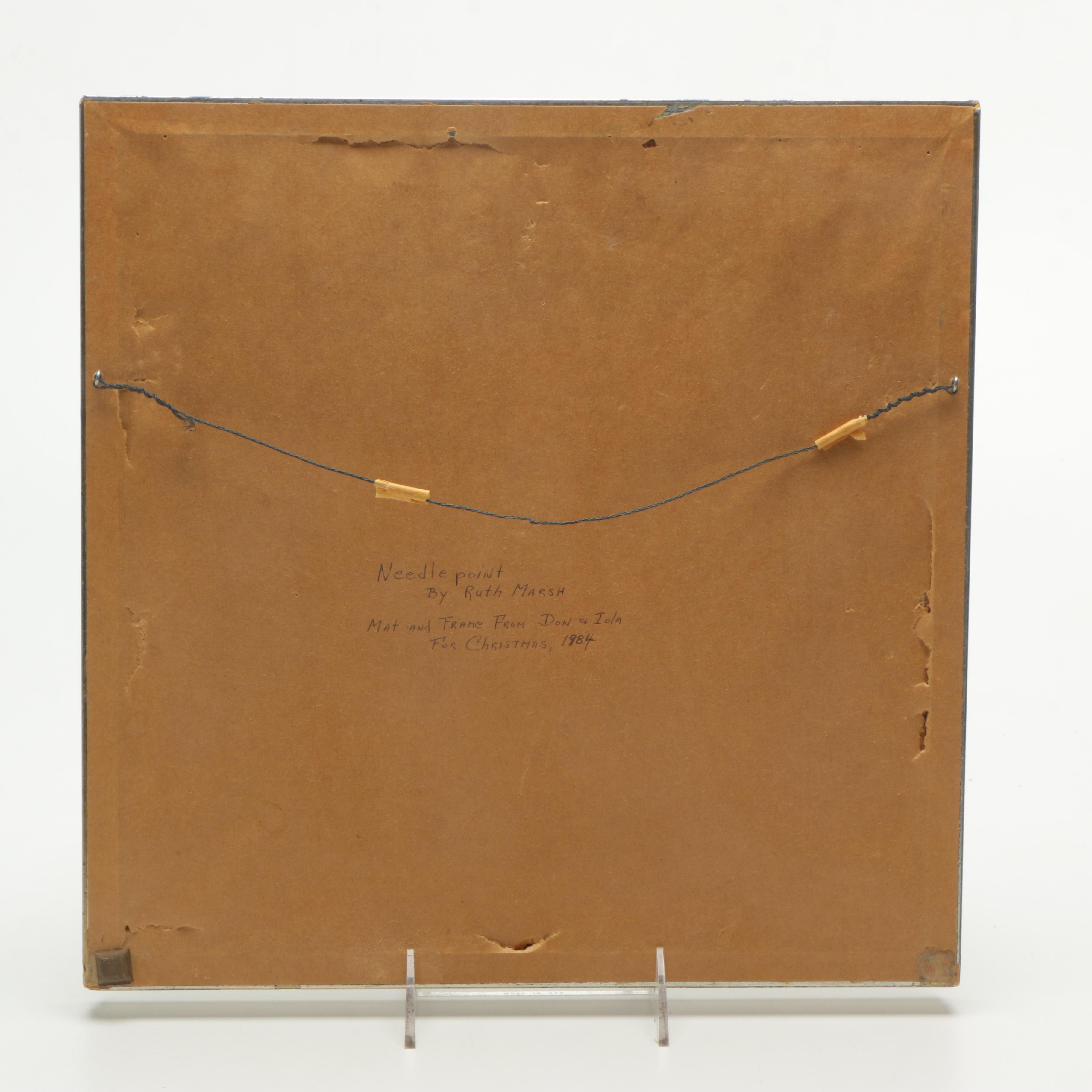 Ruth Marsh Framed Needlepoint Textile of Hummingbirds and Pink Flowers