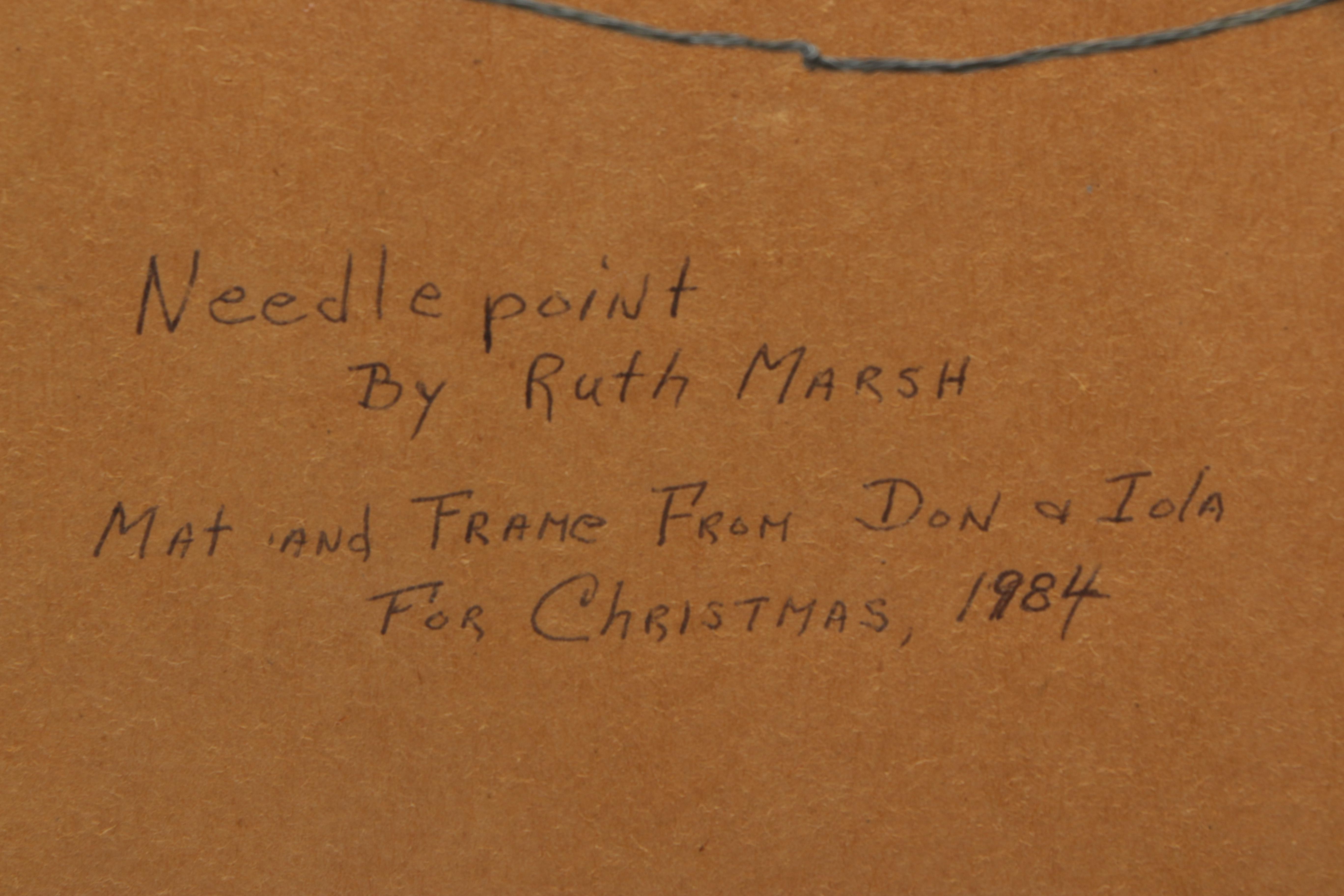 Ruth Marsh Framed Needlepoint Textile of Hummingbirds and Pink Flowers