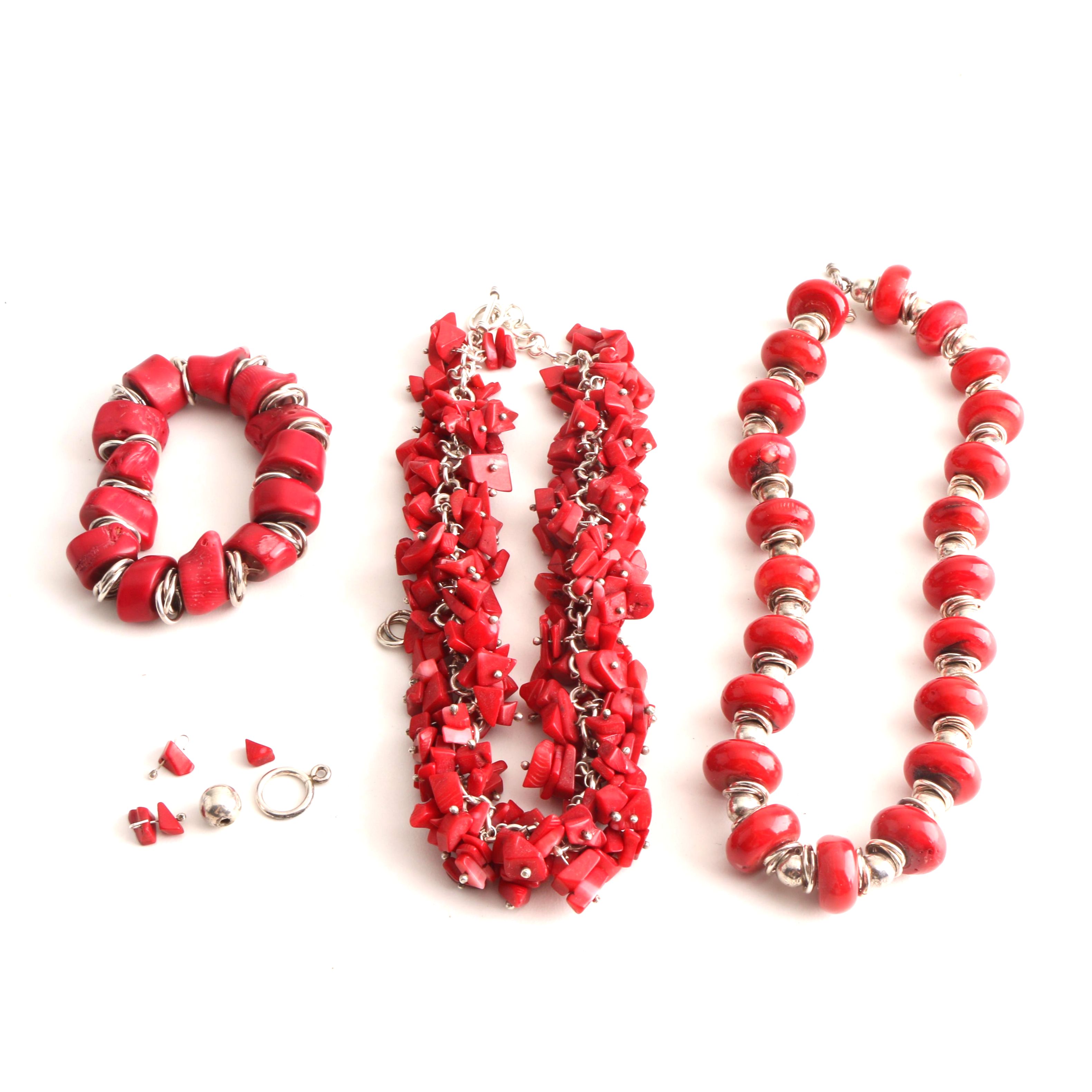 Assortment of Sterling Silver and Dyed Coral Jewelry