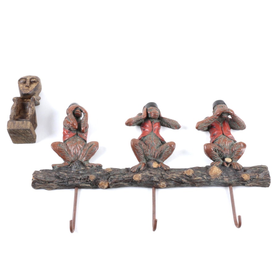 Carved Wooden Tribal Figurine and Three Monkeys Coat Rack