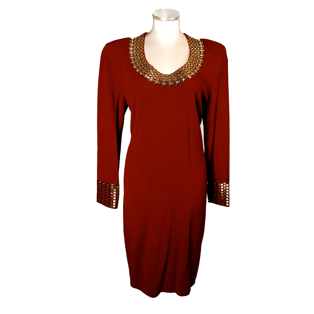 Vintage St. John by Marie Gray Embellished Red Knit Dress