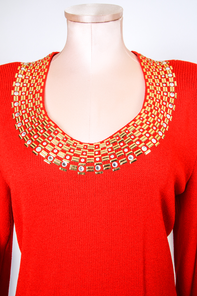 Vintage St. John by Marie Gray Embellished Red Knit Dress