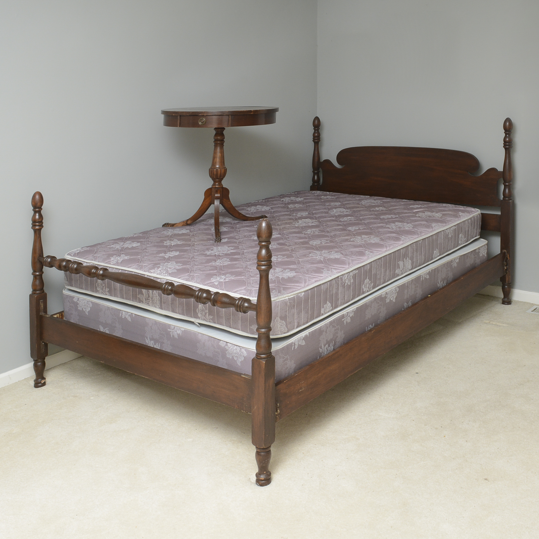 Vintage Wood Double Bed Frame and Pedestal Side Table