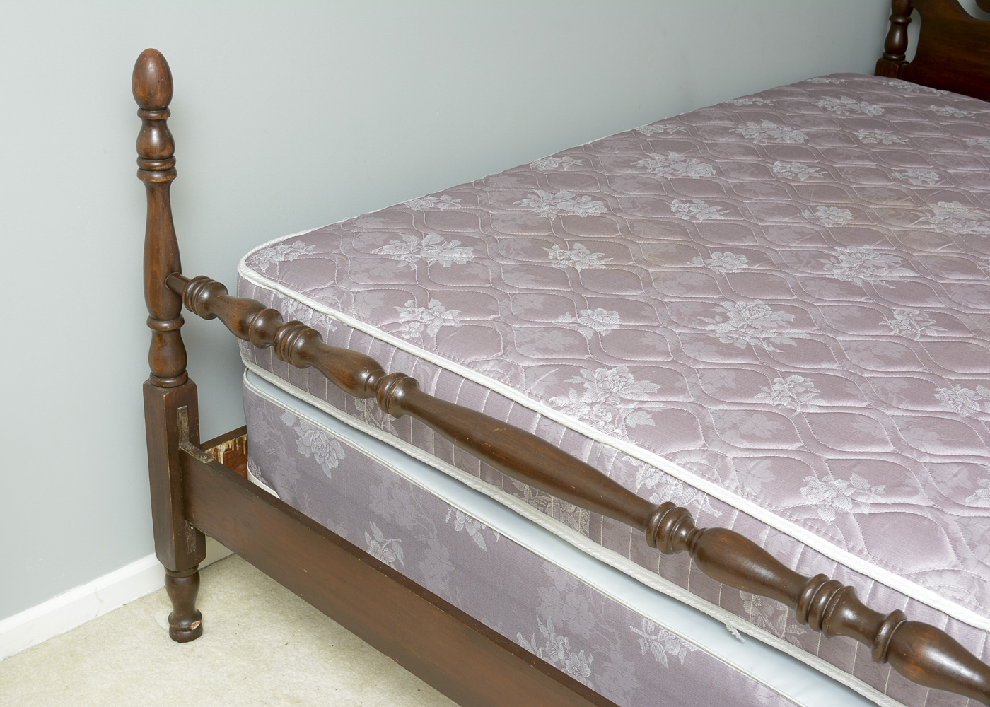 Vintage Wood Double Bed Frame and Pedestal Side Table