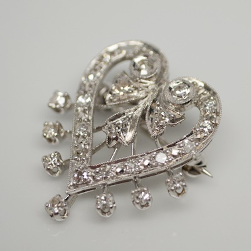 14K White Gold and Platinum Diamond Heart Brooch