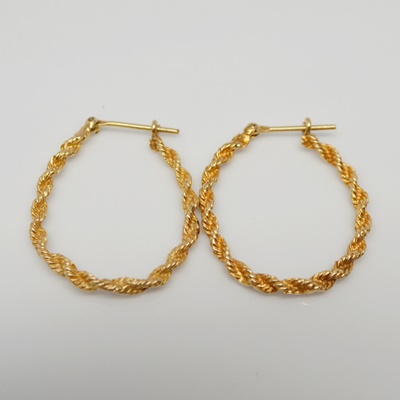 14K Yellow Gold Rope Hoop Pierced Earrings