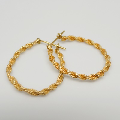 14K Yellow Gold Rope Hoop Pierced Earrings
