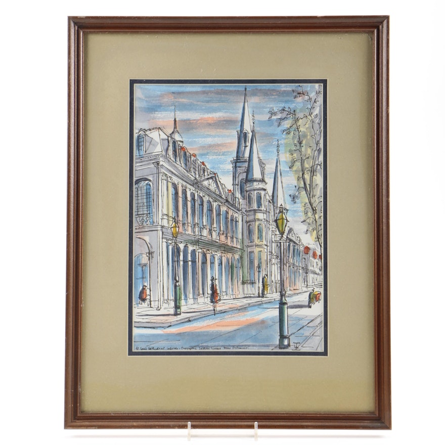 Watercolor Painting on Paper of St. Louis Cathedral in New Orleans