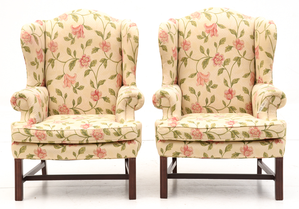 Pair of Floral Upholstered Wing Chairs