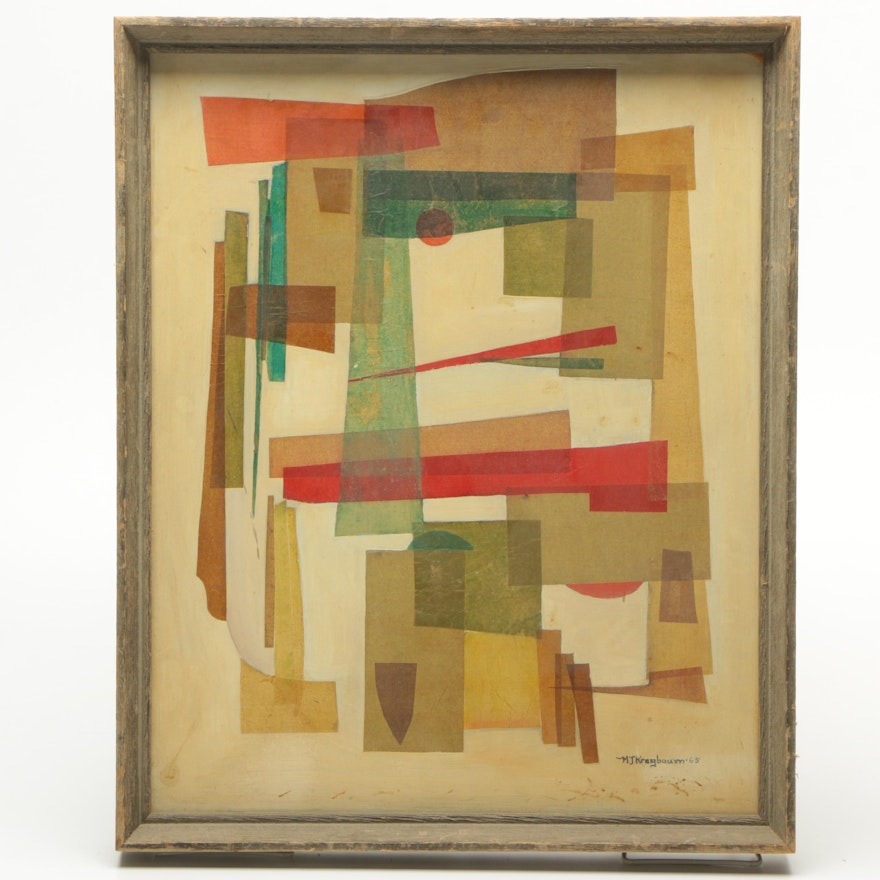 1965 M.J. Kreigbaum Nonobjective Collage Painting on Panel