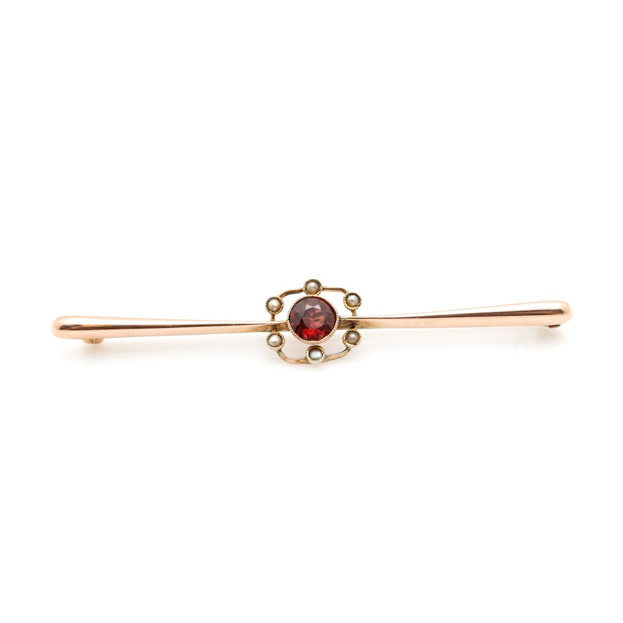 9K Rose Gold Garnet and Seed Pearl Bar Converter Brooch