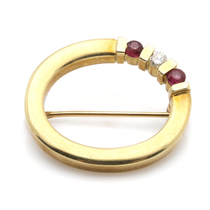 14K Yellow Gold Diamond and Ruby Brooch