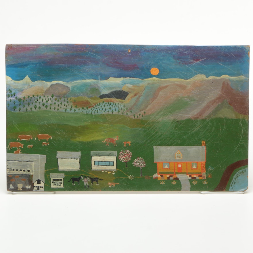 Folk Art Inspired Oil Painting on Panel of Vaughn Farm