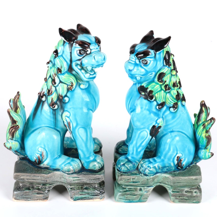 Pair of Chinese Blue Ceramic Guardian Lions